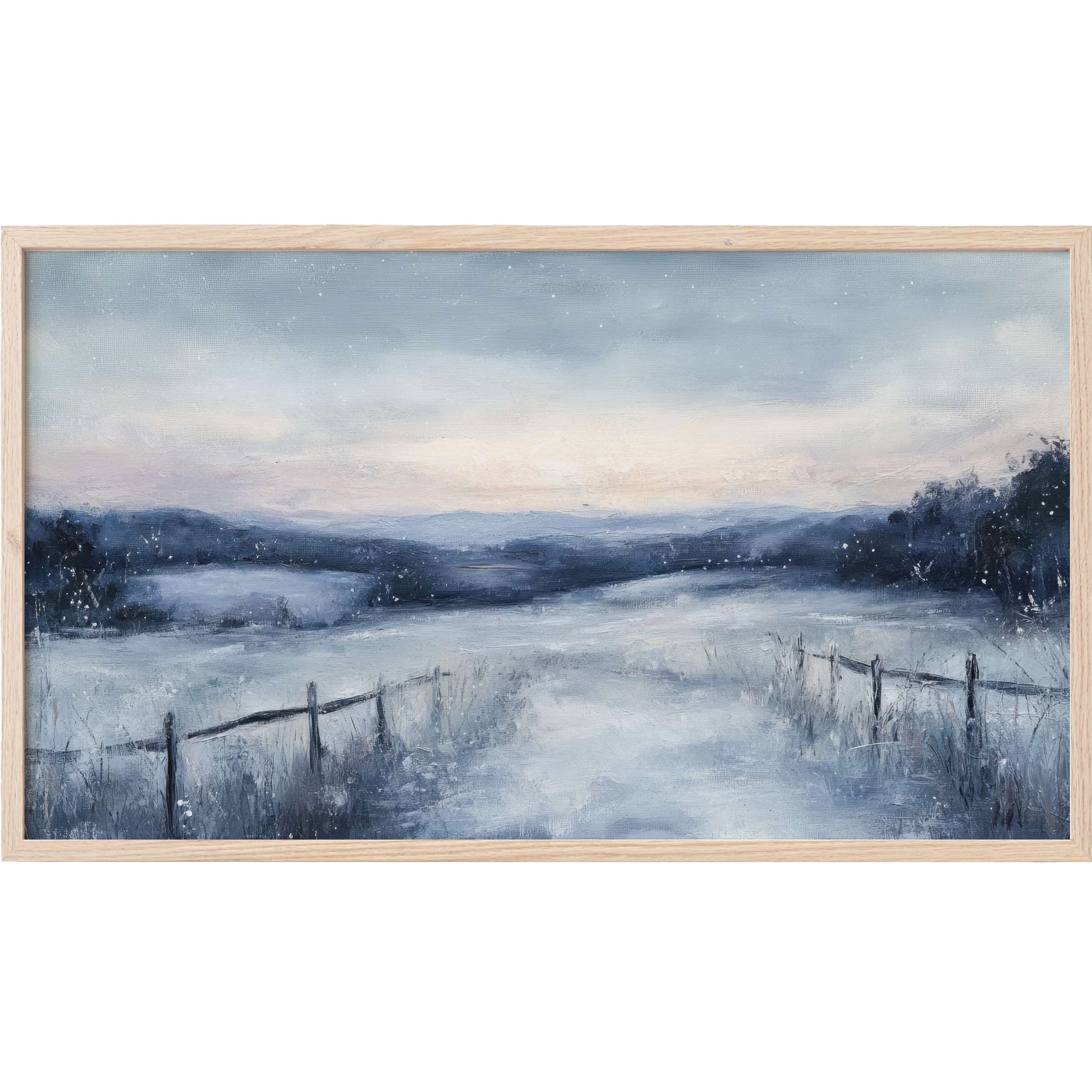 Vintage Frame TV Art depicting serene snowy landscape in soft blues and grays with delicate brushstrokes and layered textures