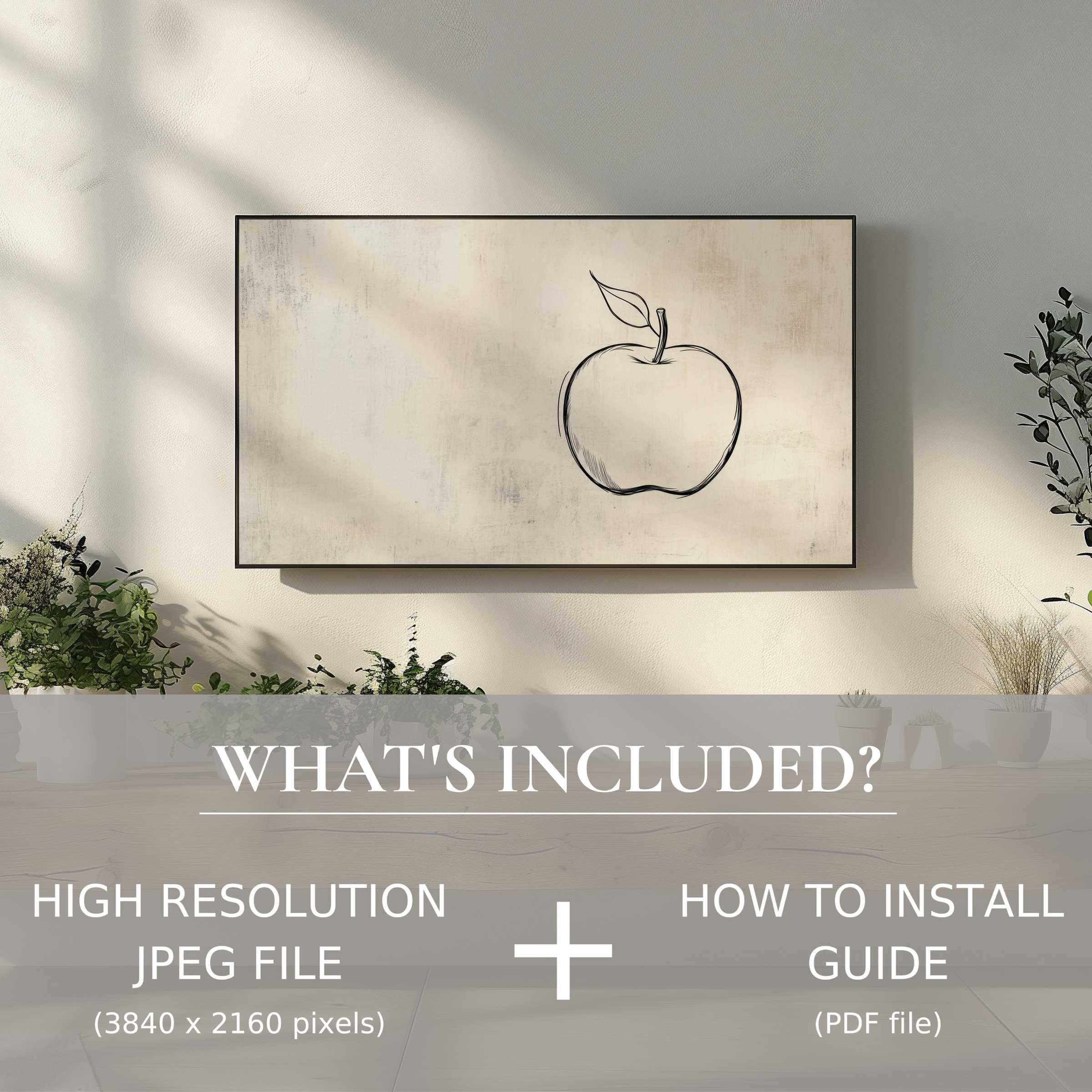 Minimalist digital TV art download featuring elegant apple sketch enhances modern living spaces with effortless digital display