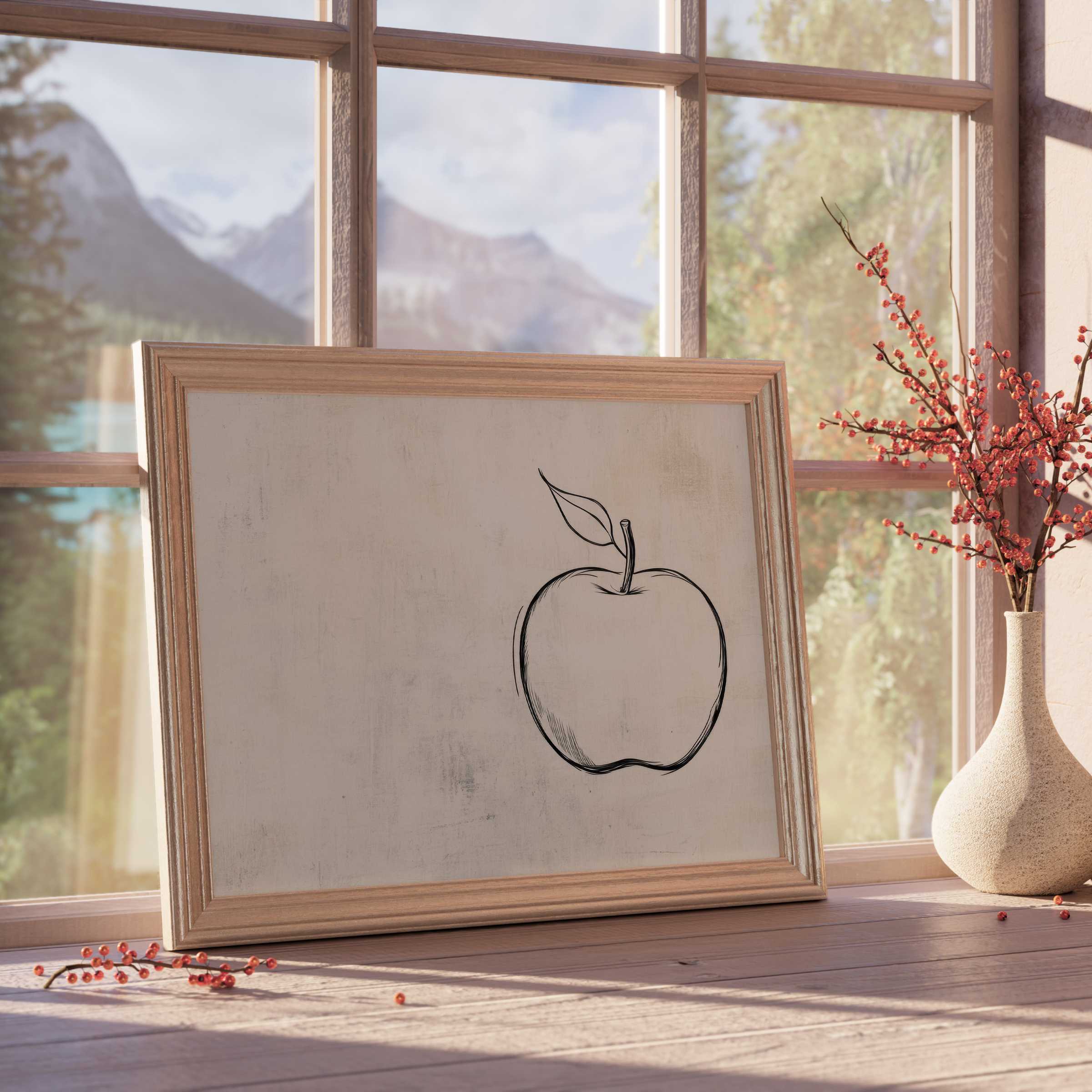 Minimalist downloadable art featuring a delicate apple line drawing, enhancing serene, curated interiors with natural elegance and timeless charm