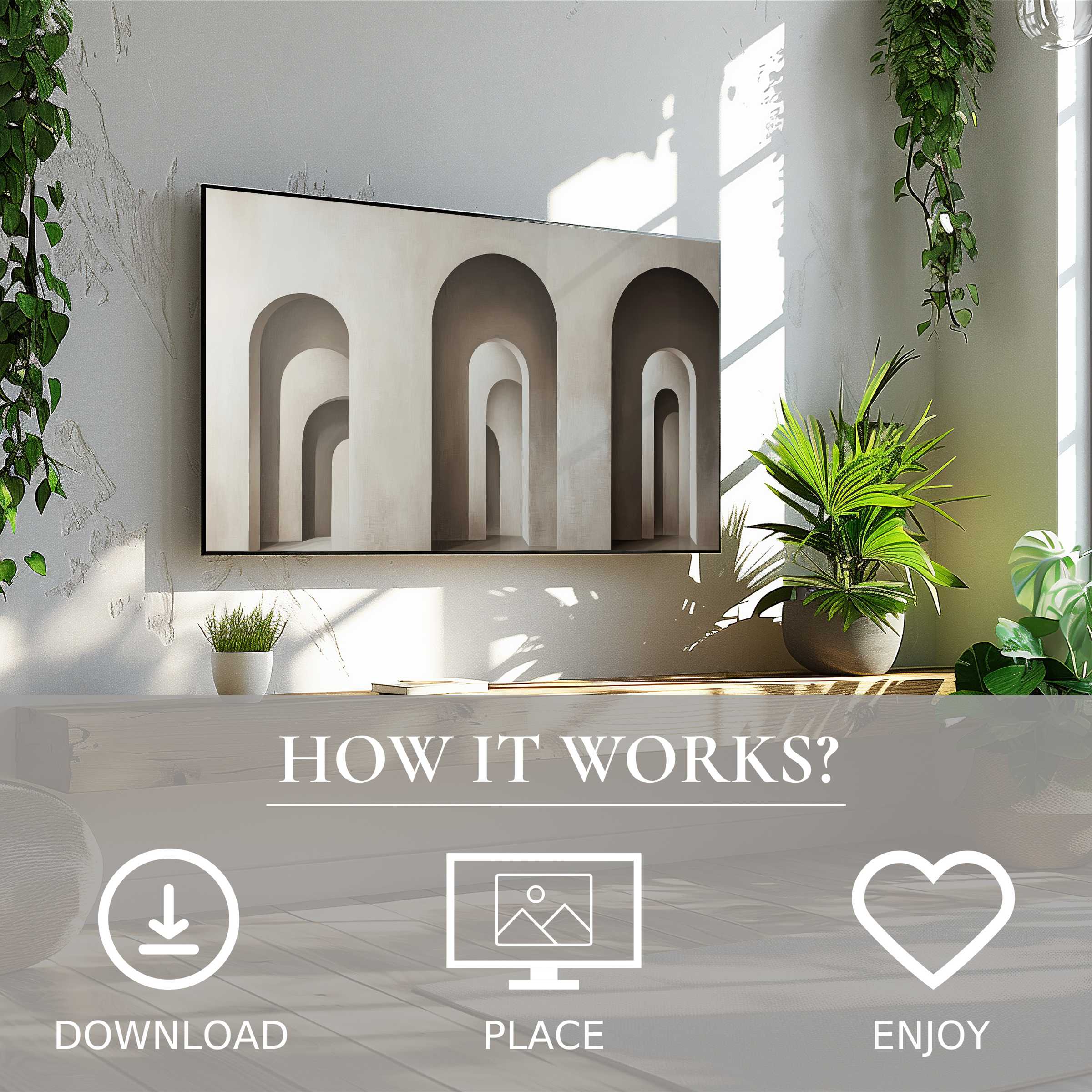 Modern art for Samsung TV showing serene arch motifs in soft beige tones, easy digital download enriches any space