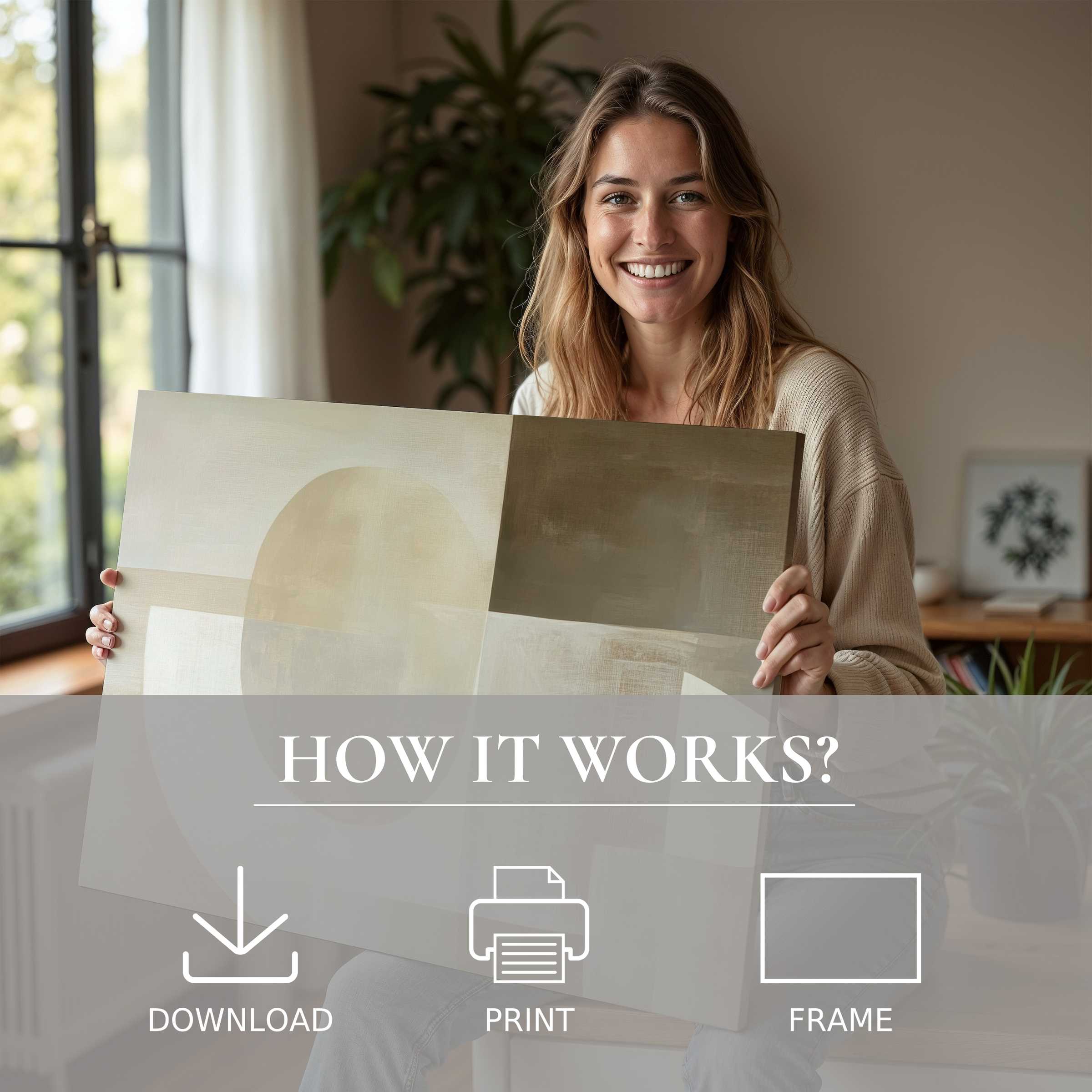 Warm natural light bathes a modern home as serene joy unfolds in showcasing a neutral digital art print, embodying effortless elegance