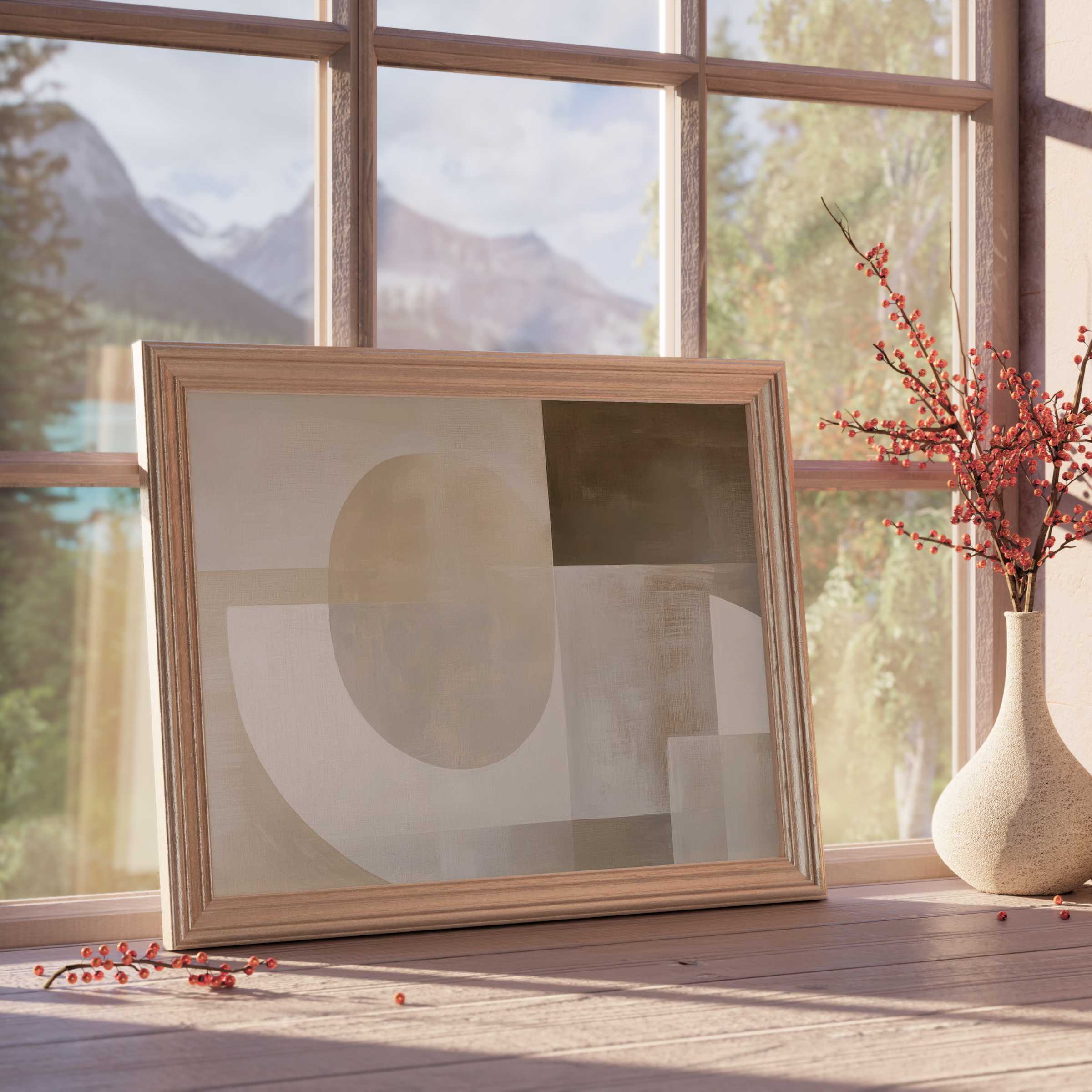 Neutral downloadable art with soft earth tones in a natural wood frame, evoking calm, curated style for modern interiors