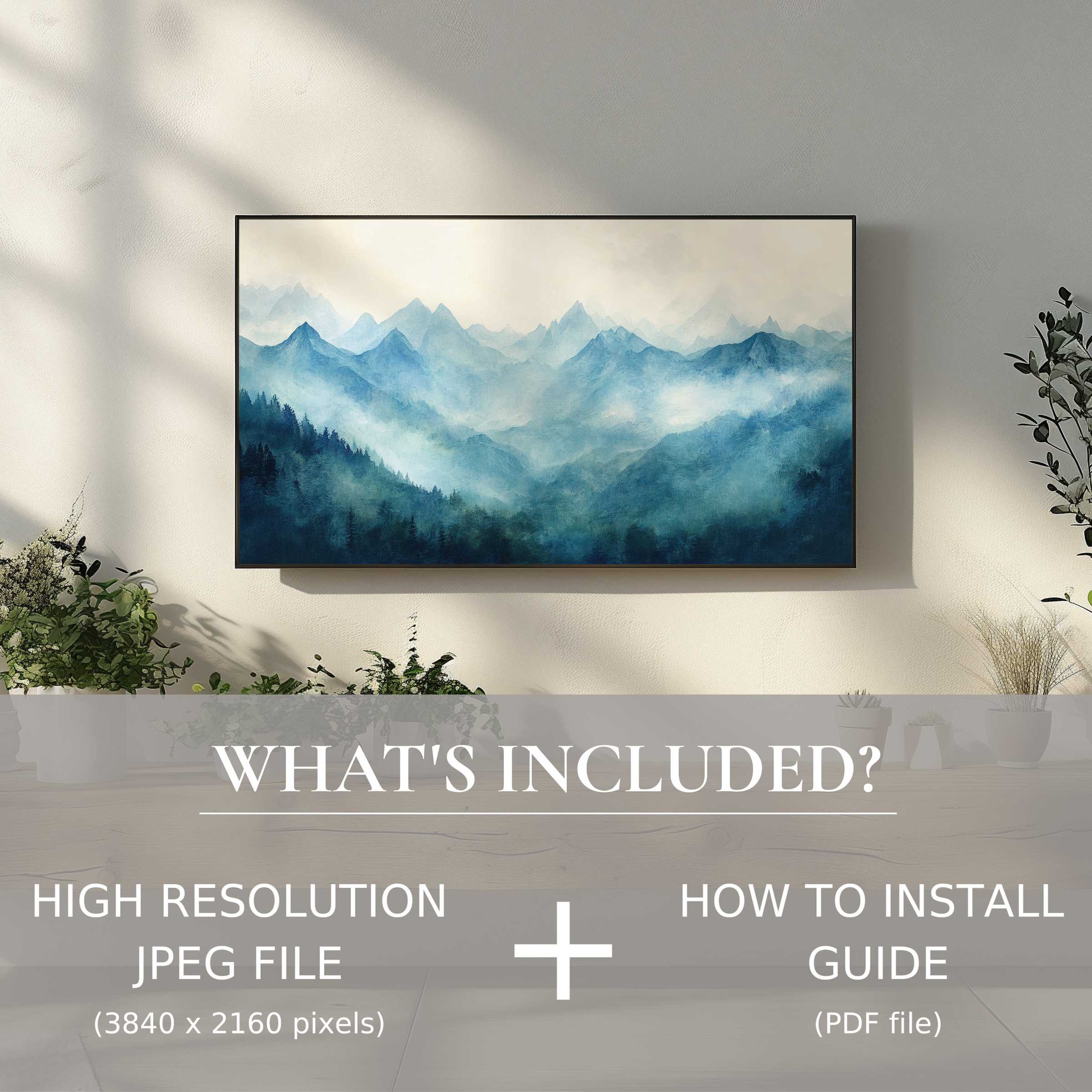 Elegant landscape digital TV art download, enhancing modern living spaces with easy digital use and serene mountain vistas