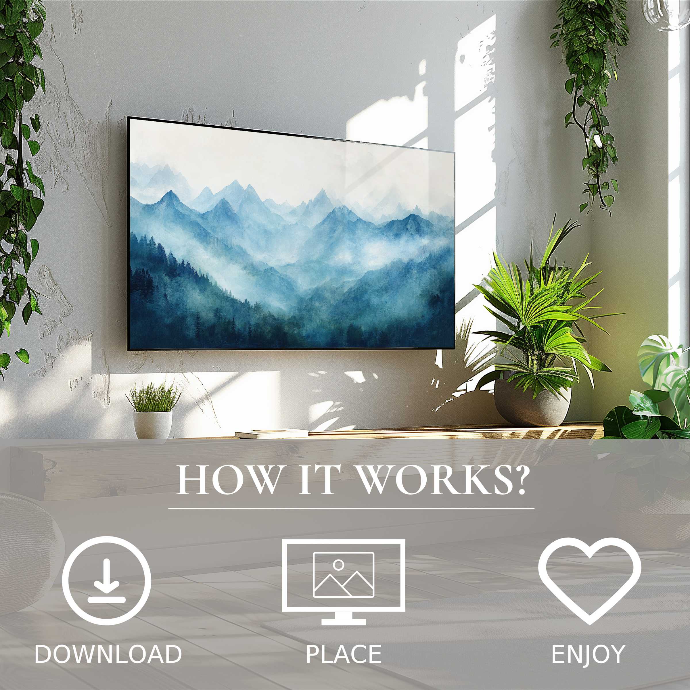 Modern living room with landscape art for Samsung TV in soft blue mountain tones, easy digital download enriches space