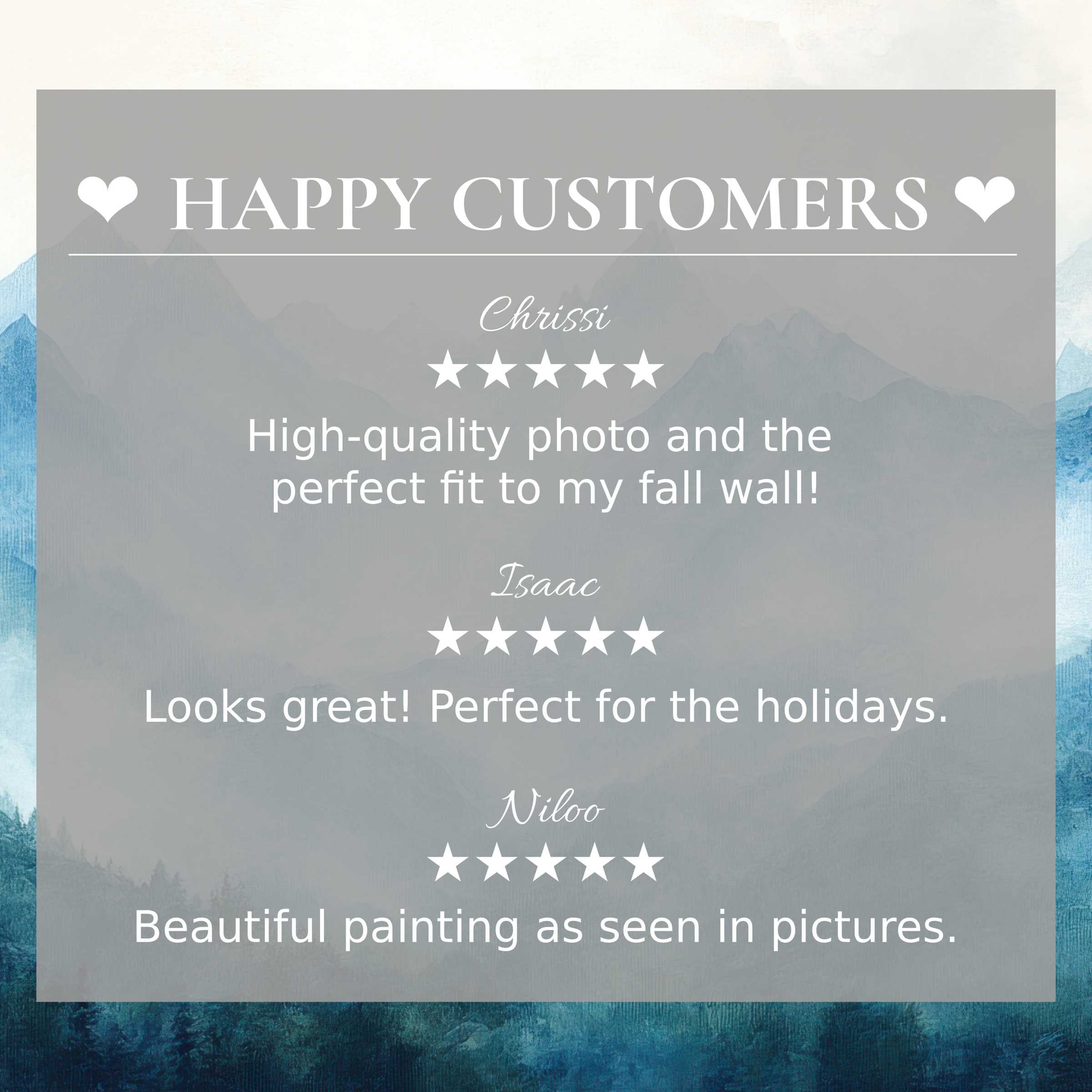 Elegant landscape art for Frame TV with abstract blue mountains, highlighting happy customer reviews and refined trust