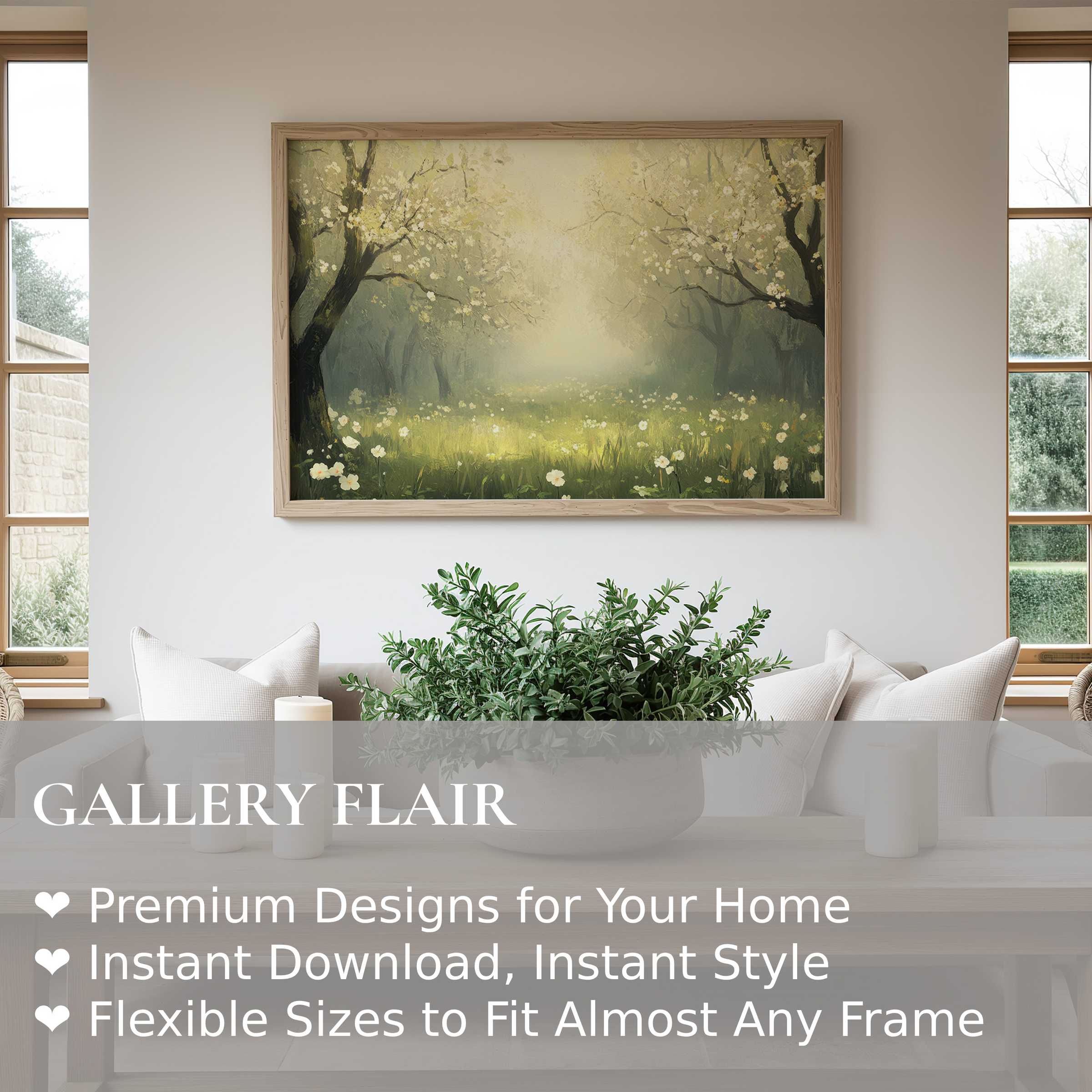 Spring wall art print capturing a radiant blossoming orchard, soft and calming, elevating modern minimalist interiors with nature’s serenity
