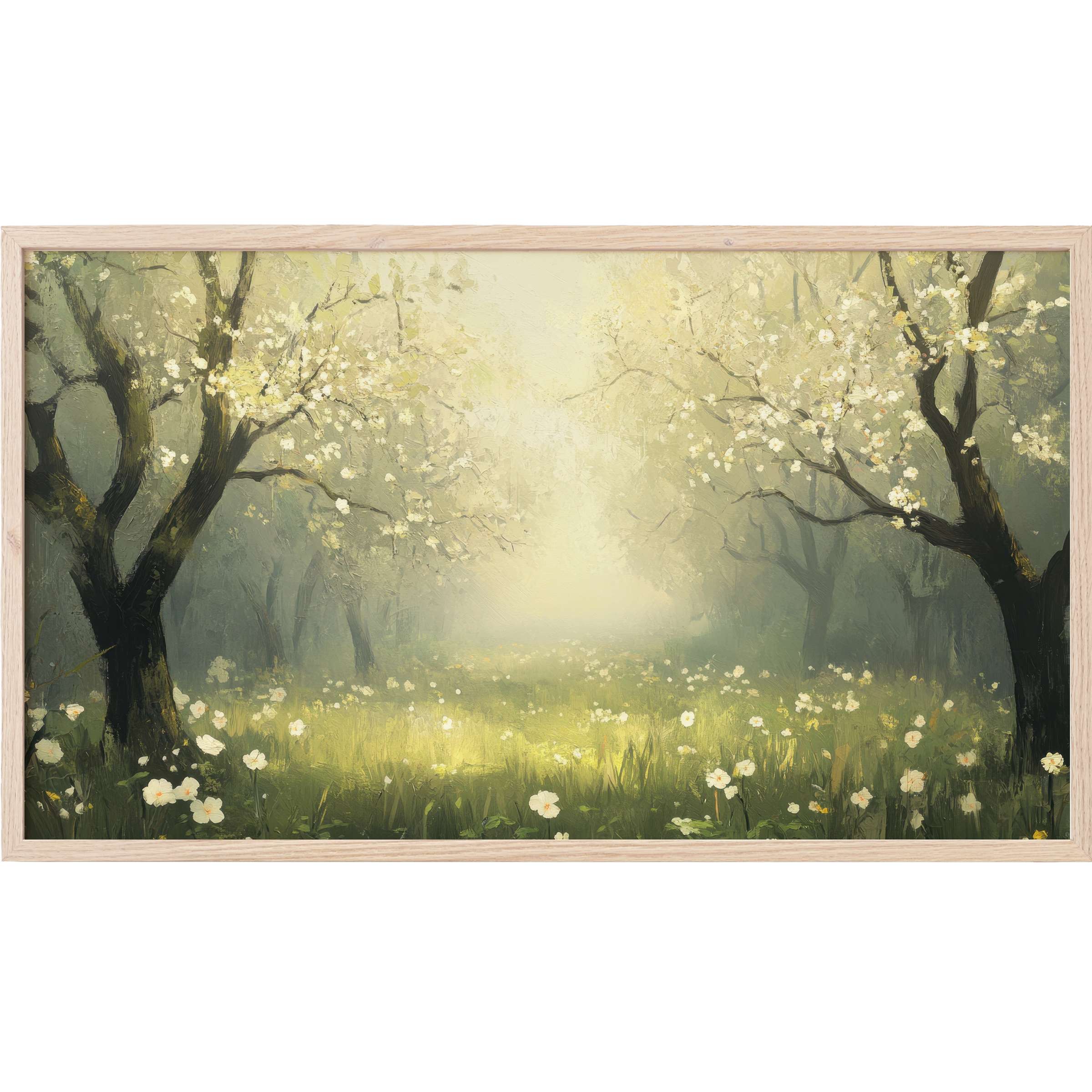 Spring blossom meadow bathed in soft light, muted greens and whites, elegant spring Frame TV Art for stylish spaces