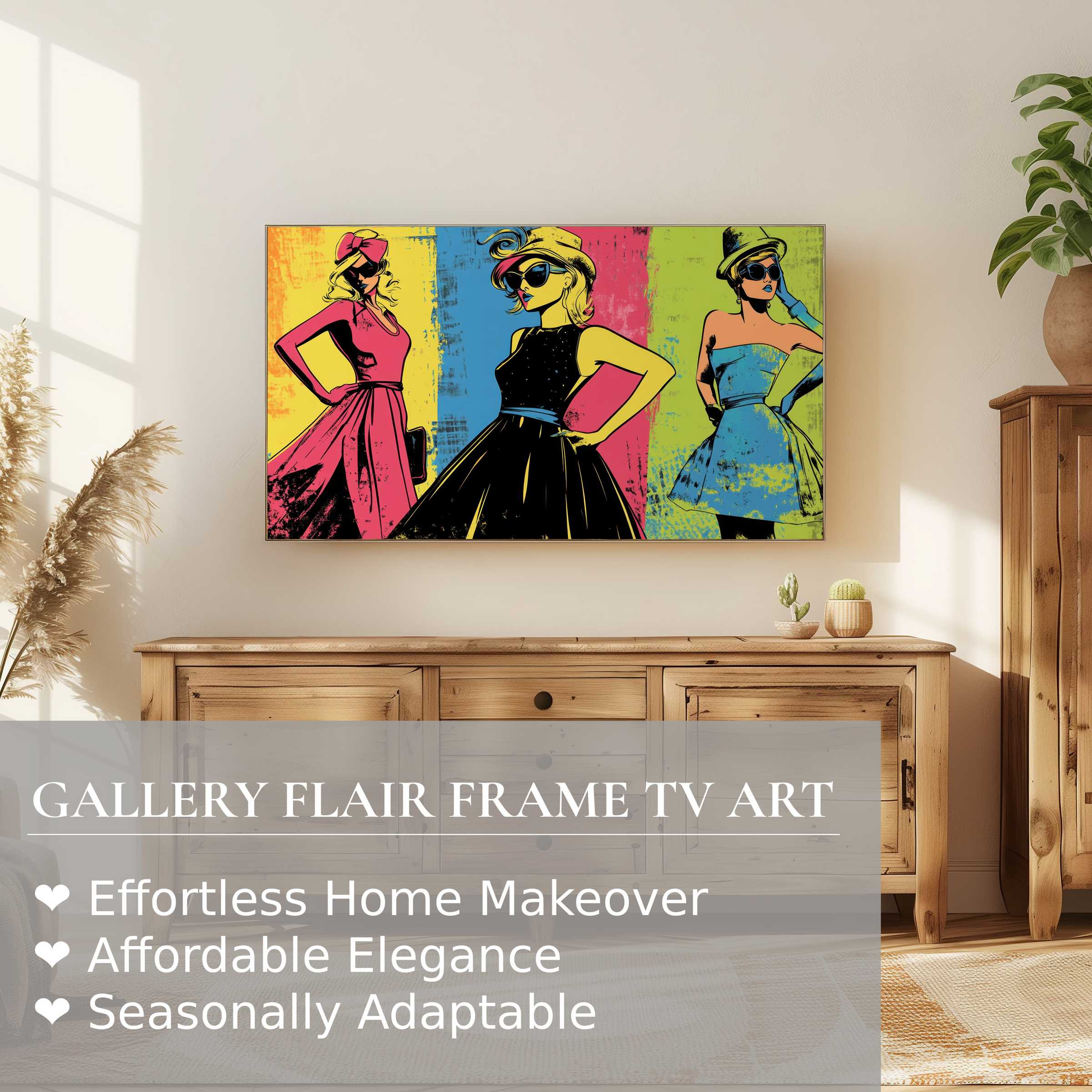 Samsung Frame TV showcasing vibrant pop art digital artwork in a chic, sunlit modern living room setting