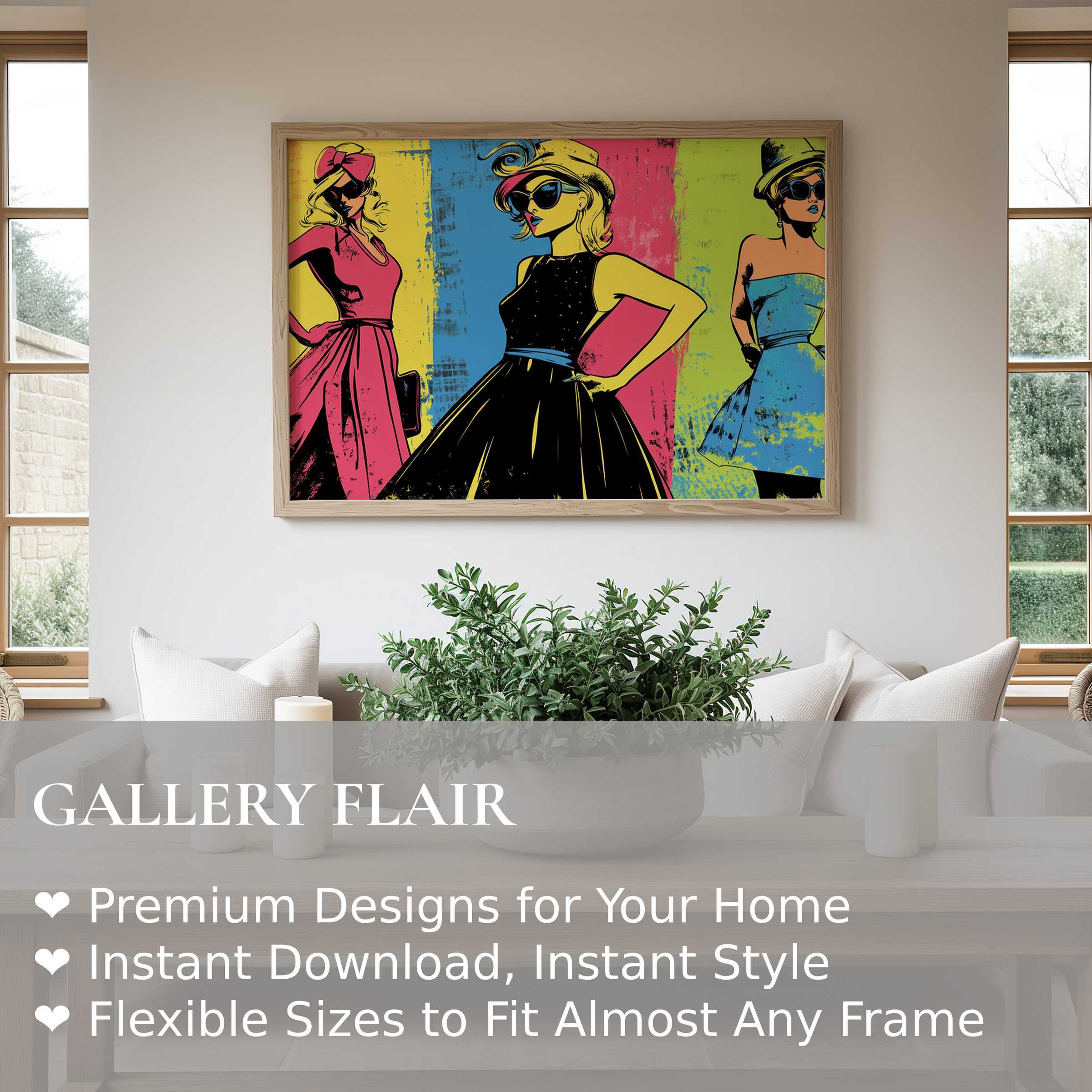 Vibrant pop art wall art print showcasing bold retro fashion icons in vivid contrast, elevating modern minimalist interiors with edgy glamour