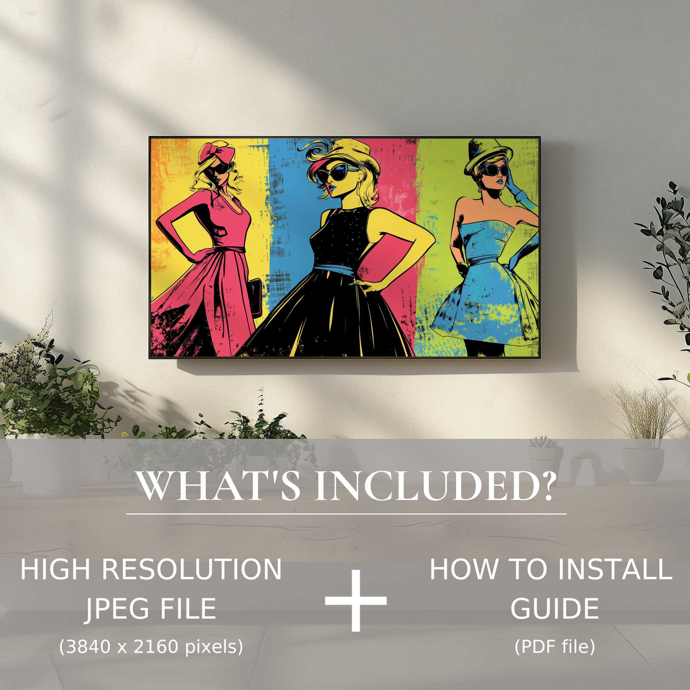 Elegant living space showcasing vibrant pop art digital TV art download, easy to use and enhancing modern decor