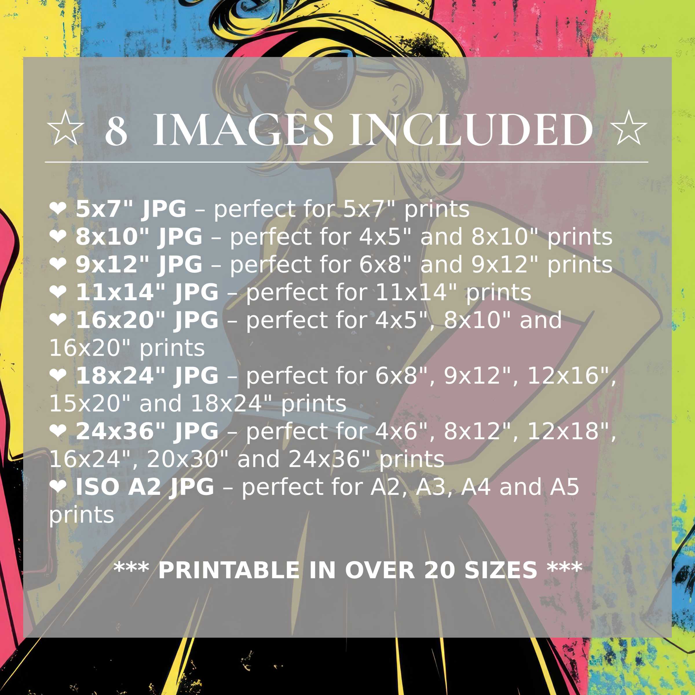 Radiant pop art digital print with bold yellow, pink, blue, and green hues; includes 8 high-quality sizes for versatile, stylish modern interiors