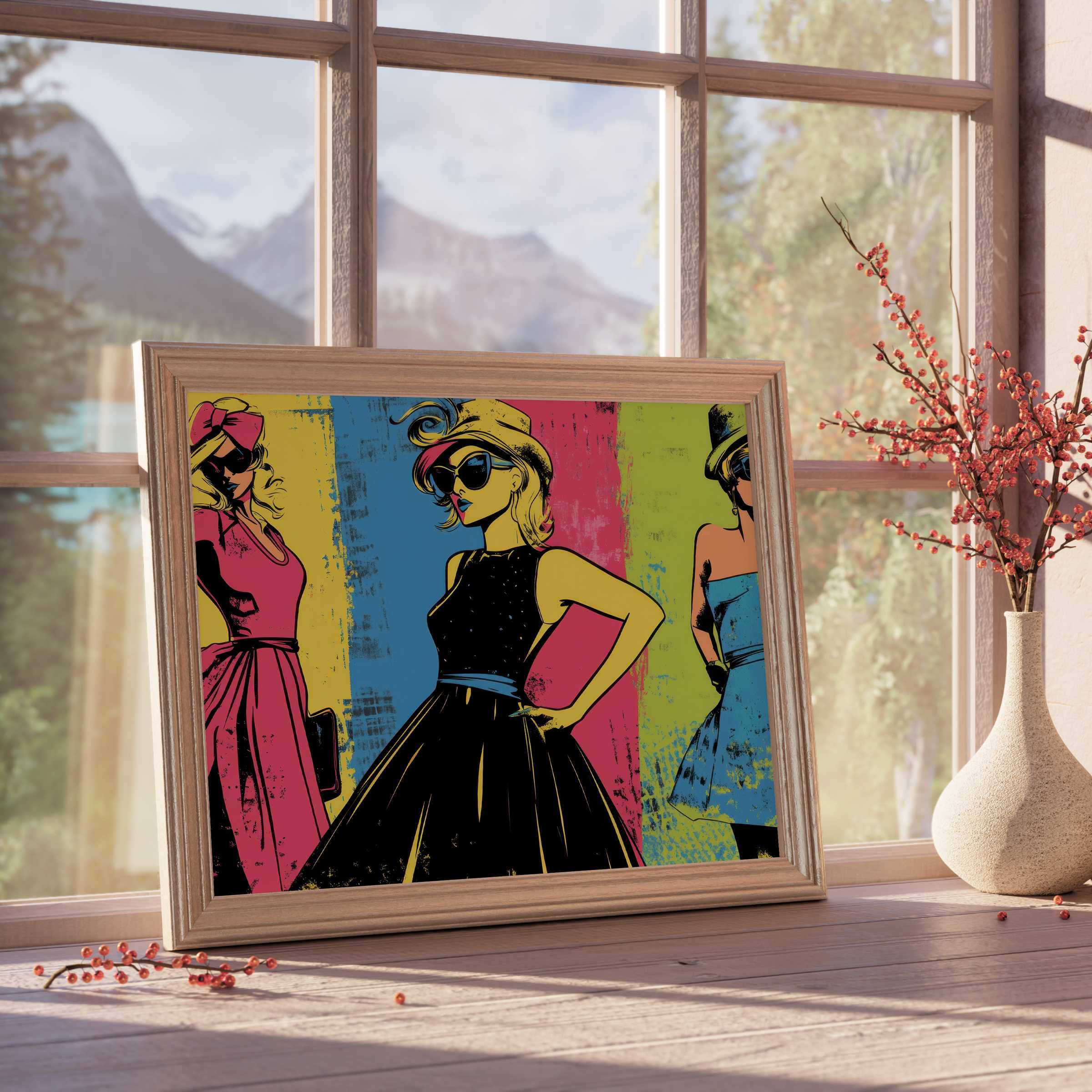 Vibrant pop art downloadable art capturing chic retro fashion icons, elevating curated interiors with bold elegance and timeless glamour
