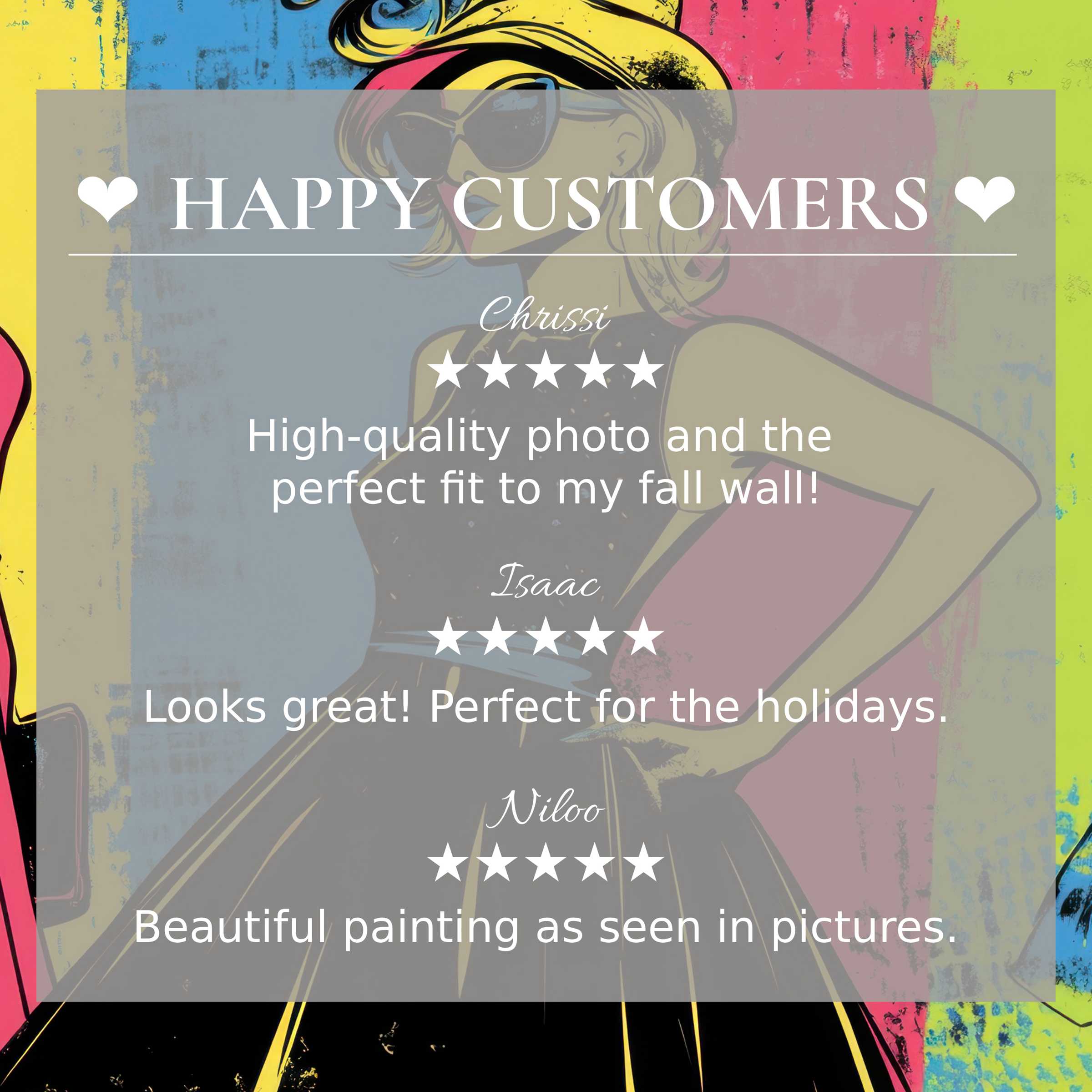 Pop art for Frame TV with abstract sunset colors, showing happy customer reviews and stylish elegant trust-building design