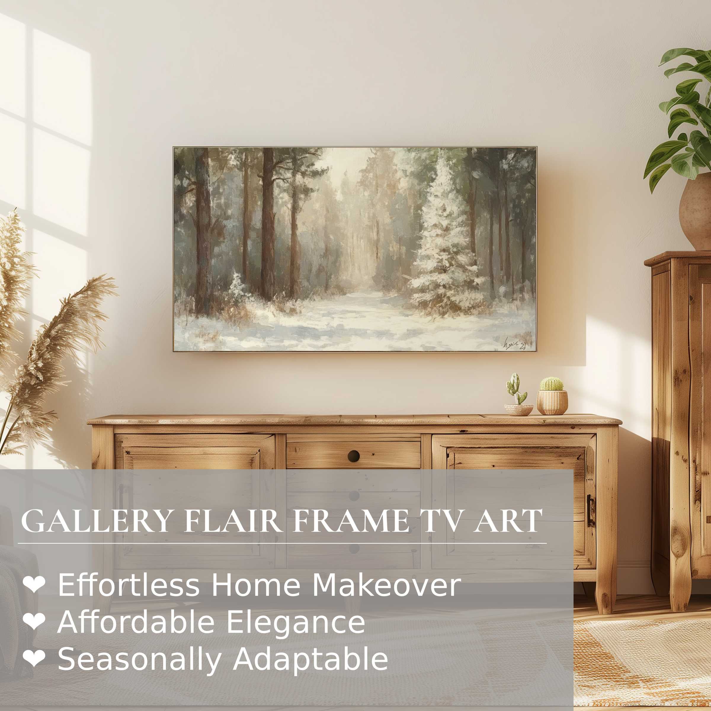 Samsung Frame TV showcases serene winter digital artwork in a modern, natural wood living space ambiance