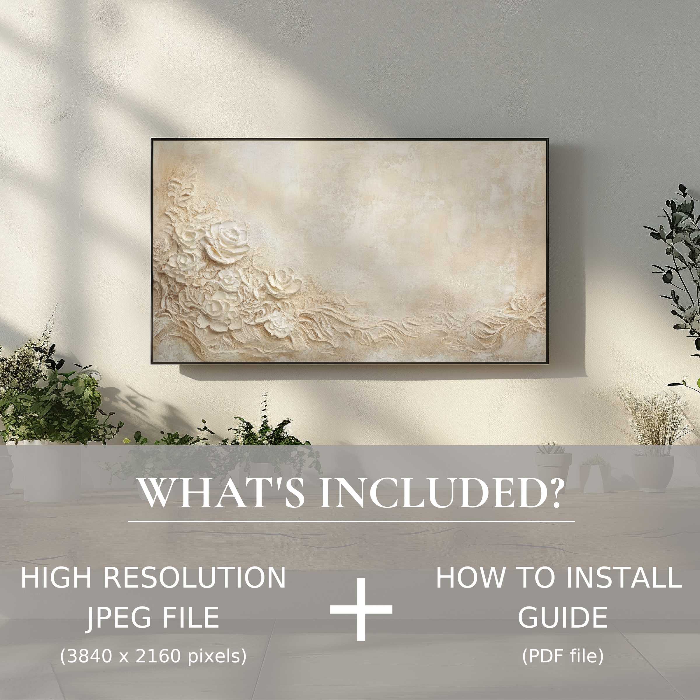 Elegant boho digital TV art download enhances your living space with easy digital use and chic floral relief design