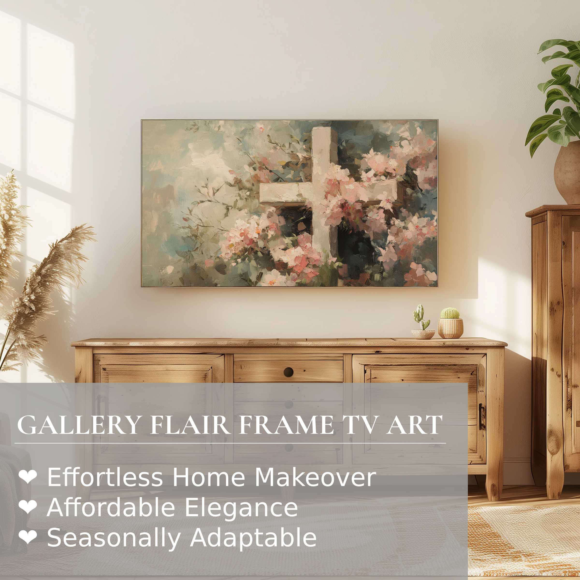 Samsung Frame TV displays soft easter digital artwork with floral cross in modern, sunlit rustic living room setting