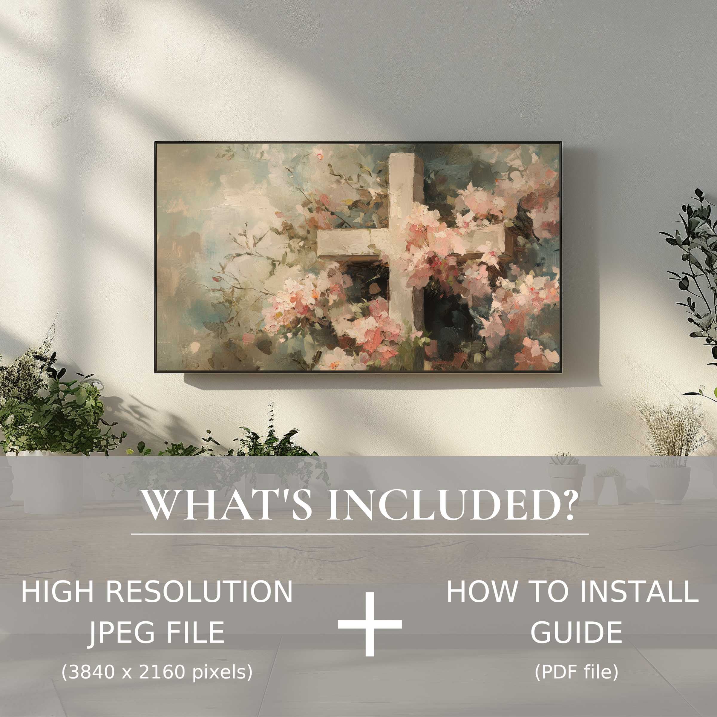 Elegant easter digital TV art download with soft florals enhances modern living spaces, easily installed for stylish decor