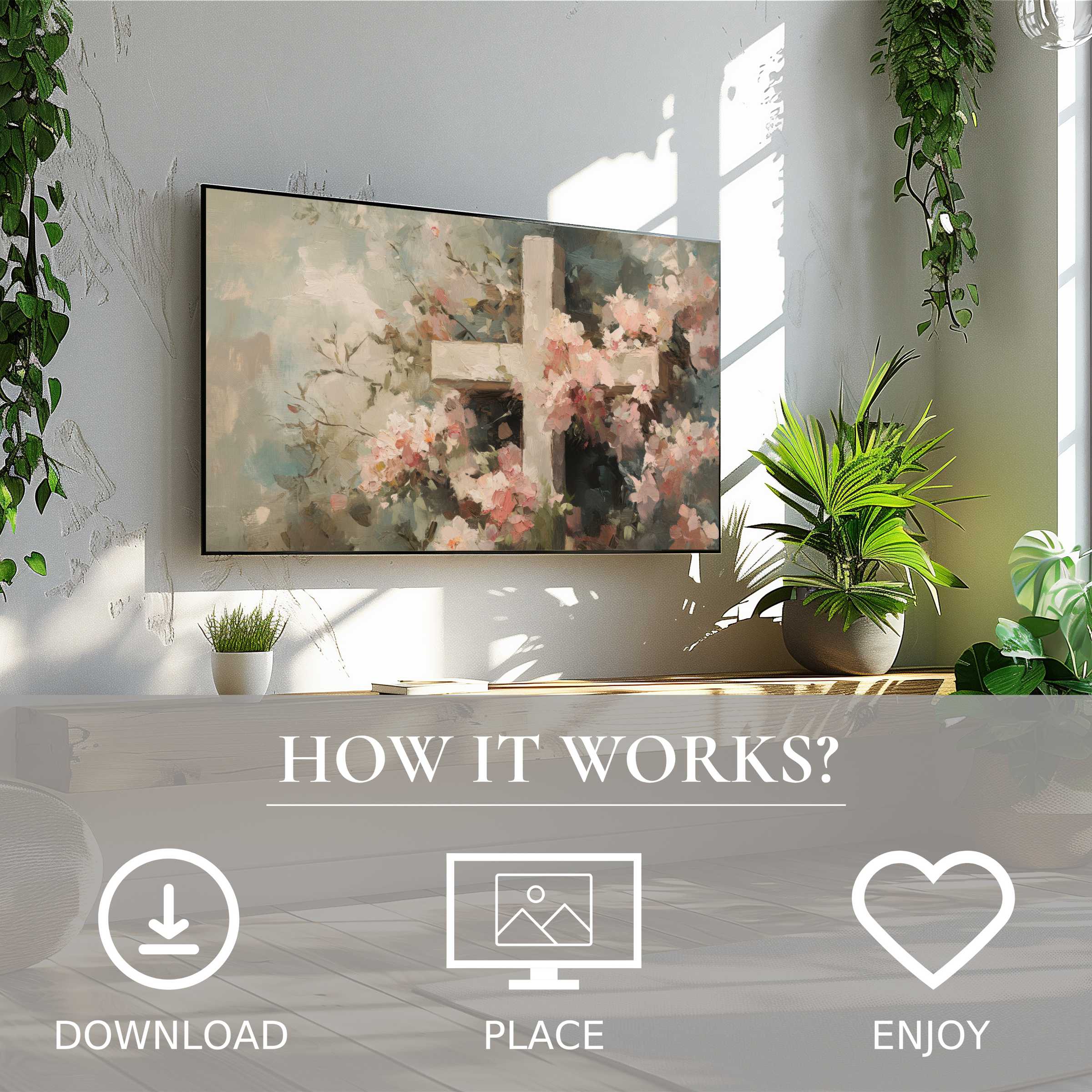 Modern living room with easter art for Samsung TV showing soft pastel floral cross; easy digital download, instantly enriches space