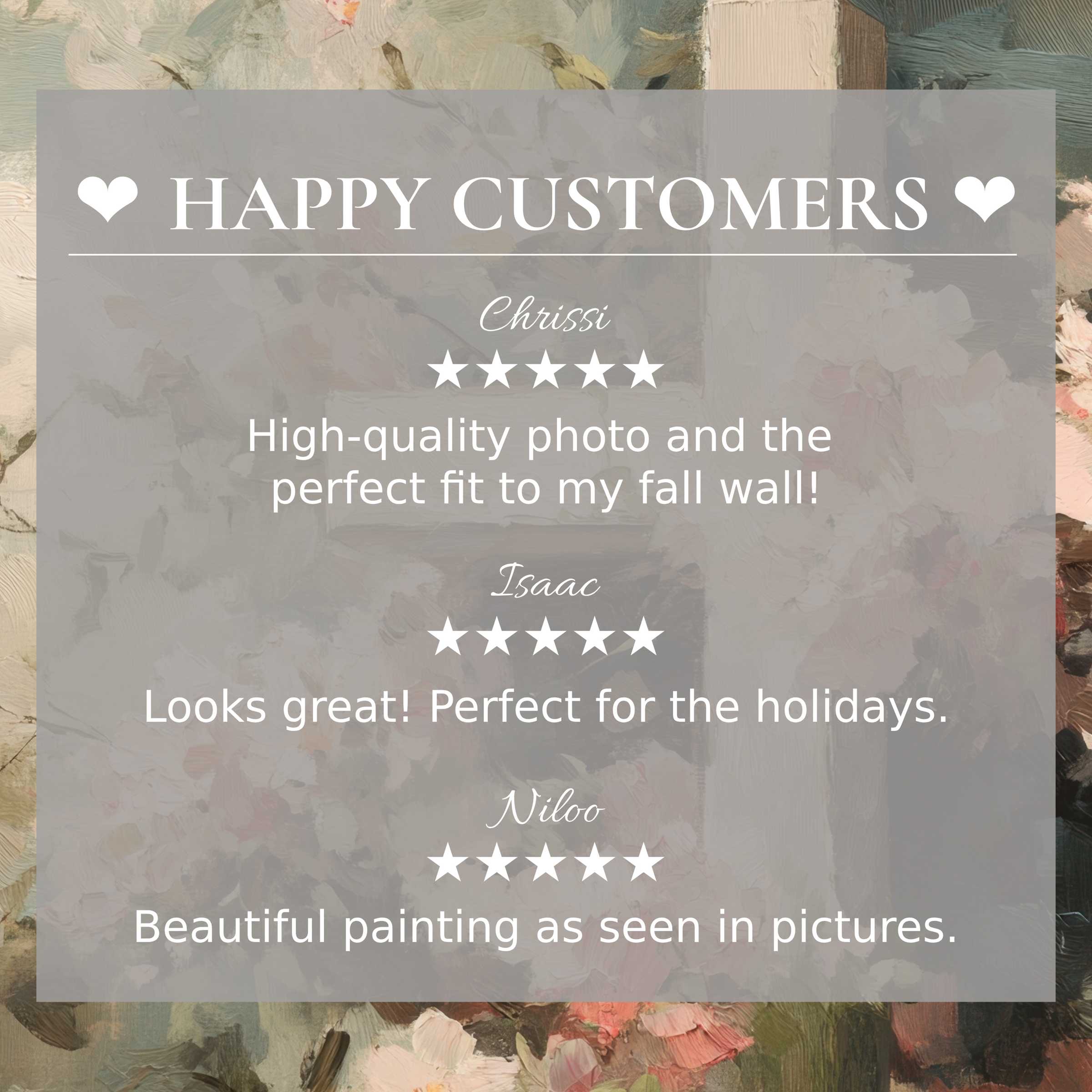 Elegant easter art for Frame TV with floral oil painting backdrop, showcasing happy customer reviews to inspire trust and style