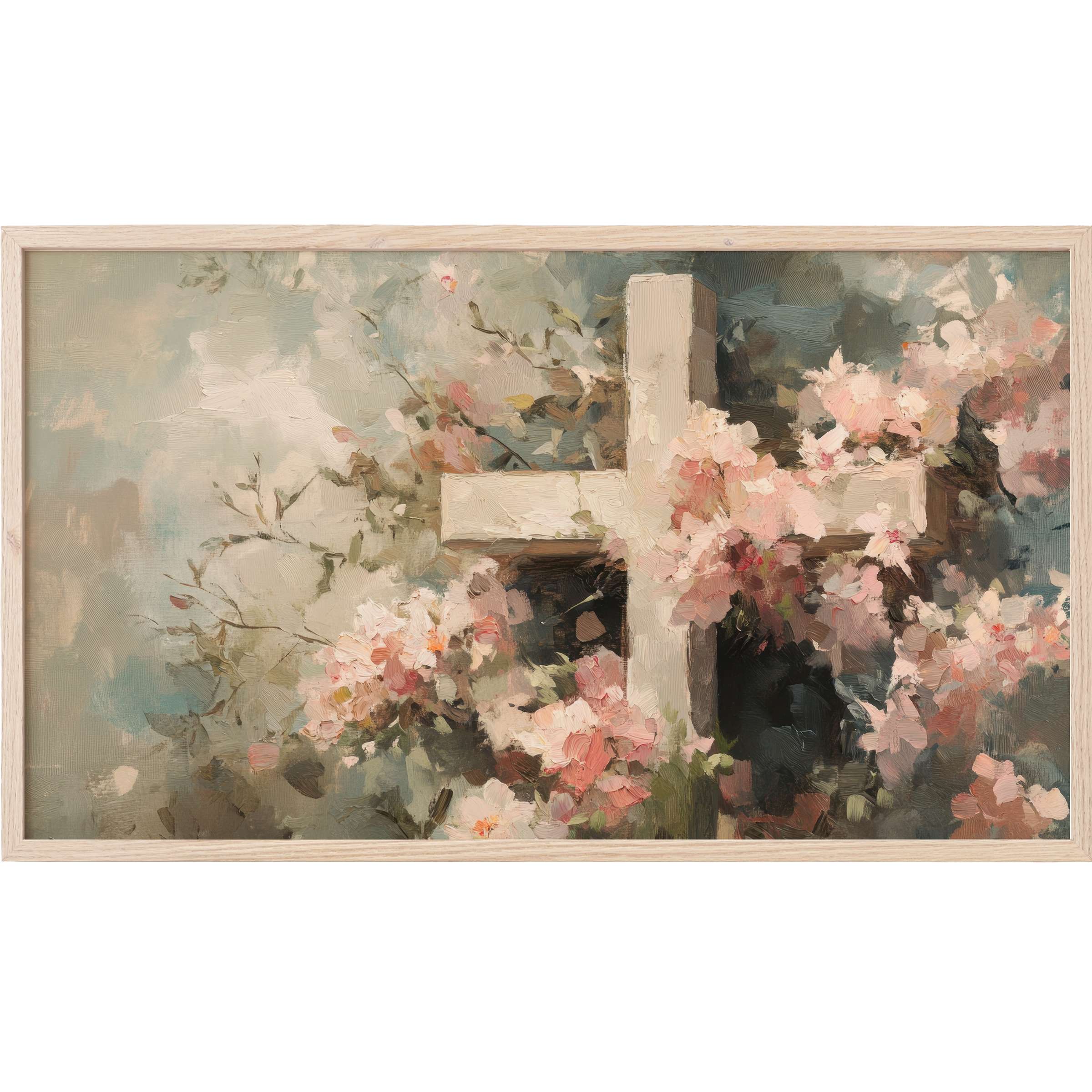 Elegant easter Frame TV Art with soft pink blossoms and muted green-gray hues in a modern impressionist style