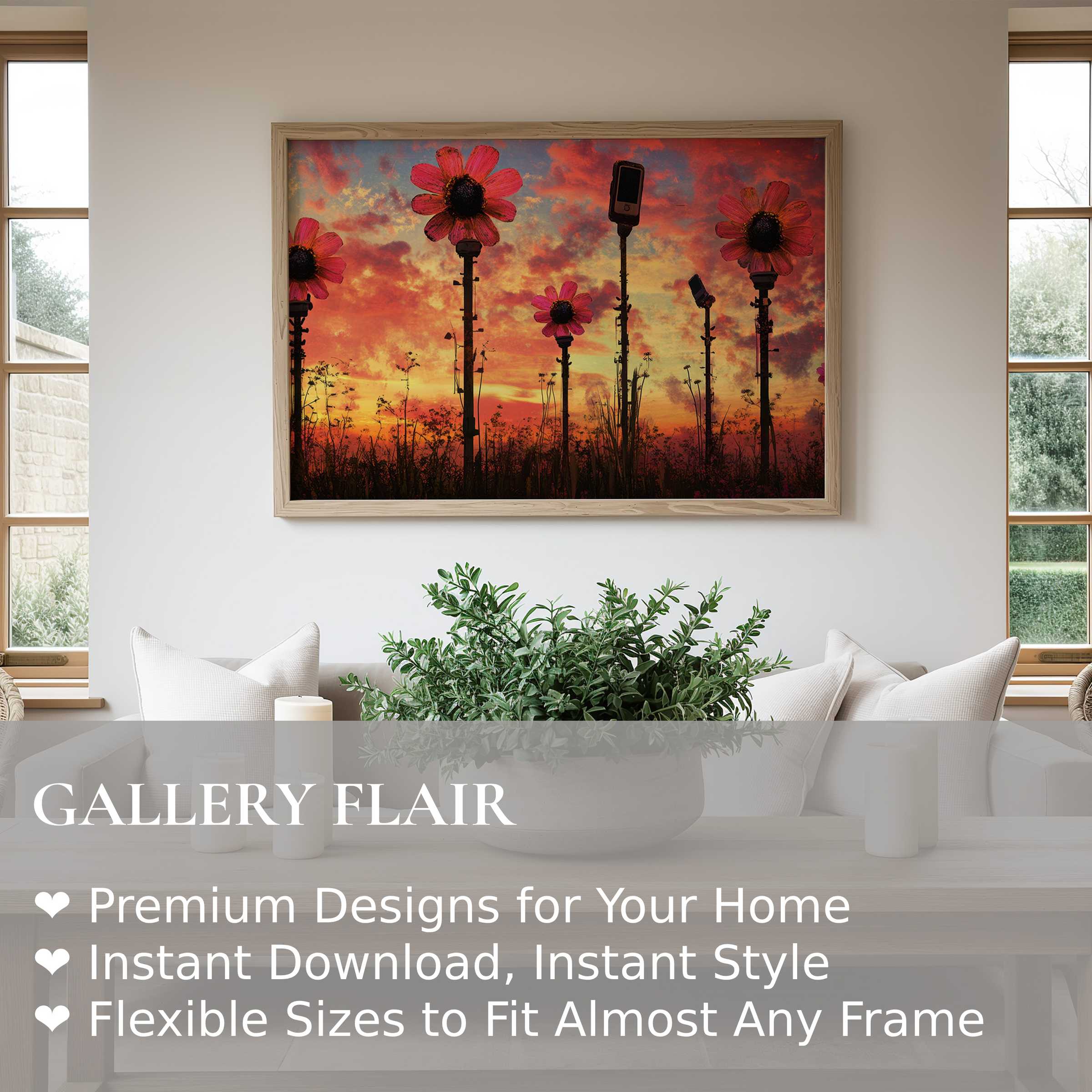 Bold street art wall art print featuring vibrant, oversized flowers against a fiery sunset sky, elevating contemporary, minimal interiors with urban charm and artistic flair