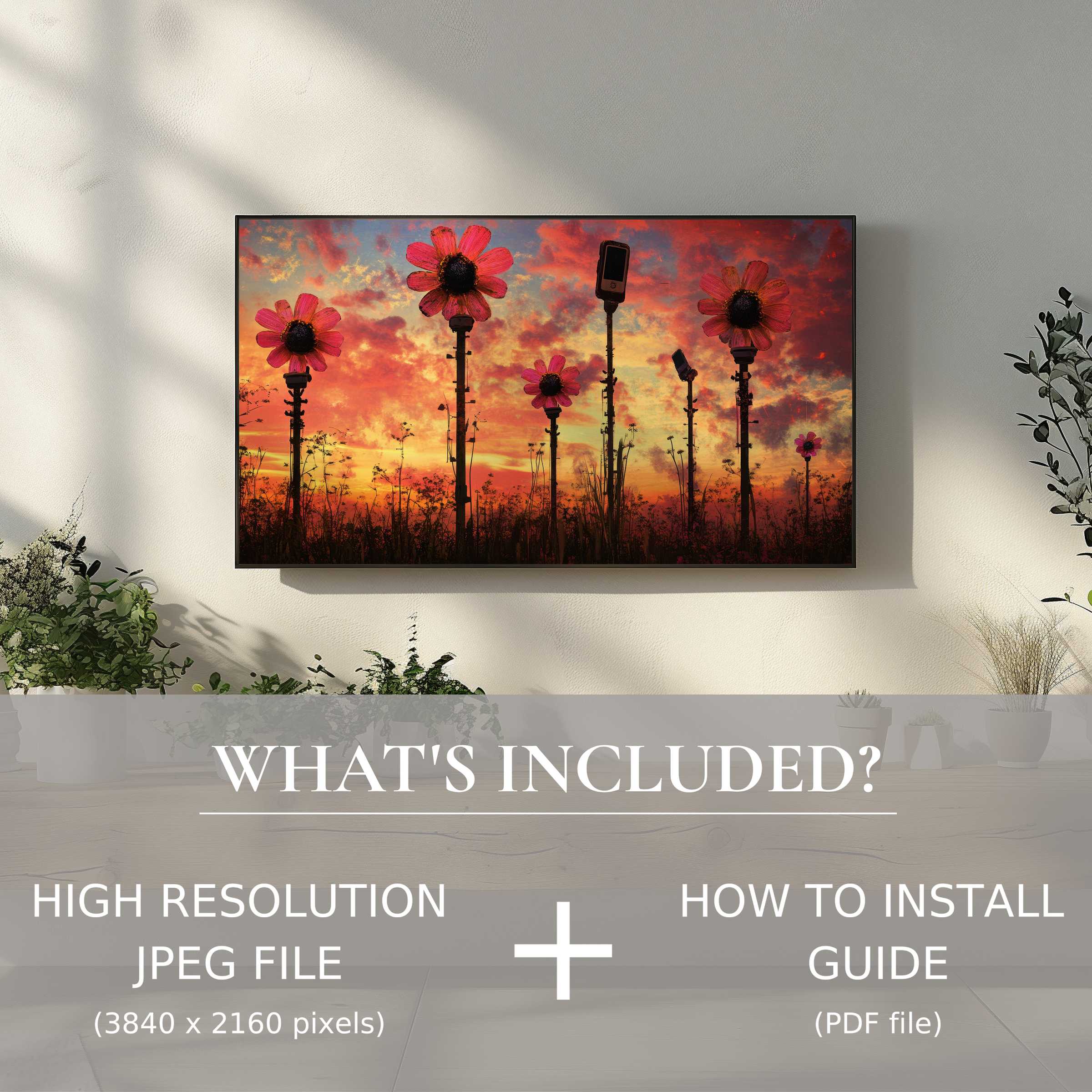 Stylish living room with vibrant street art digital TV art download, easy digital use enhances modern decor effortlessly