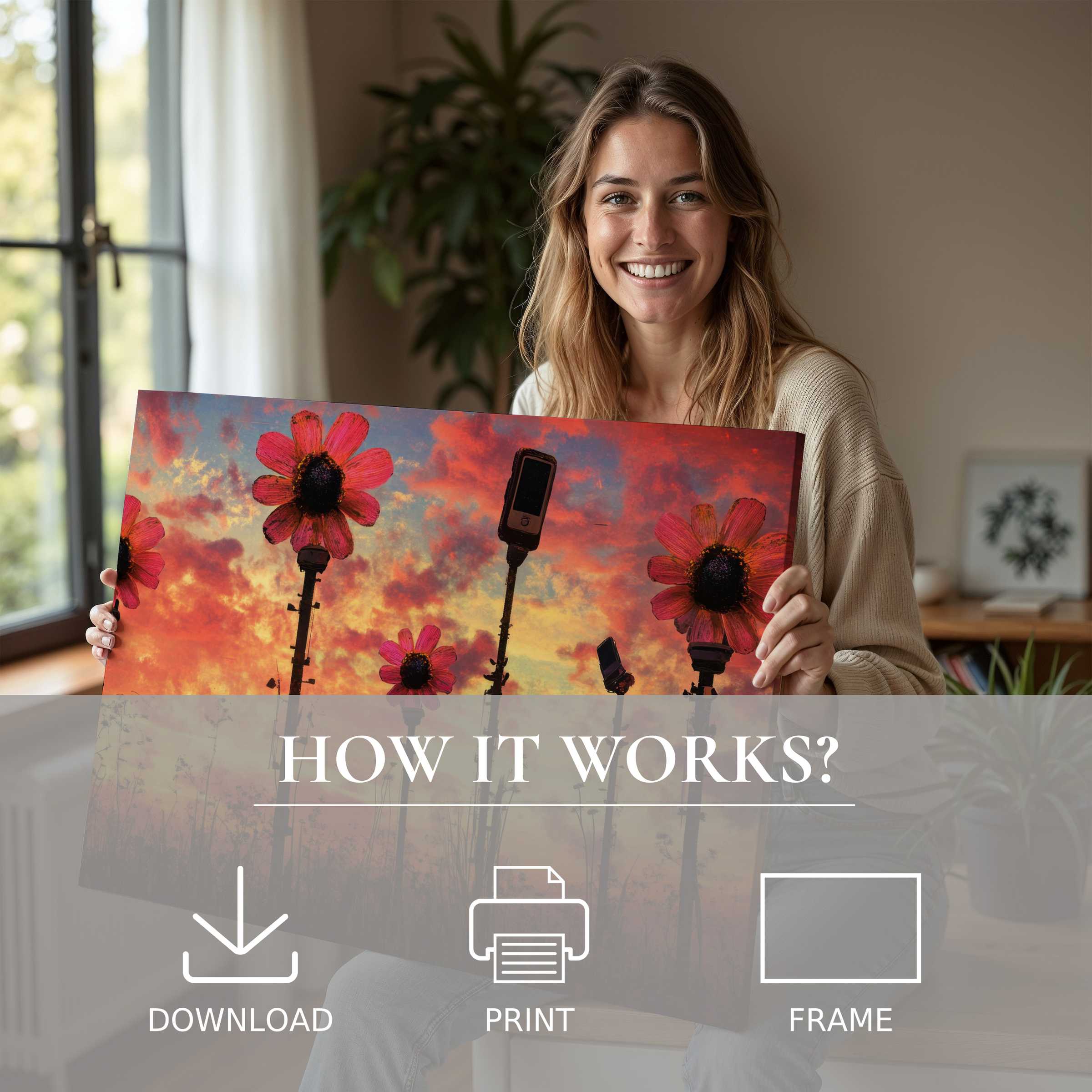 A joyful moment as vibrant street art digital art print with blooming flowers and sunset hues transforms a serene, stylish home space