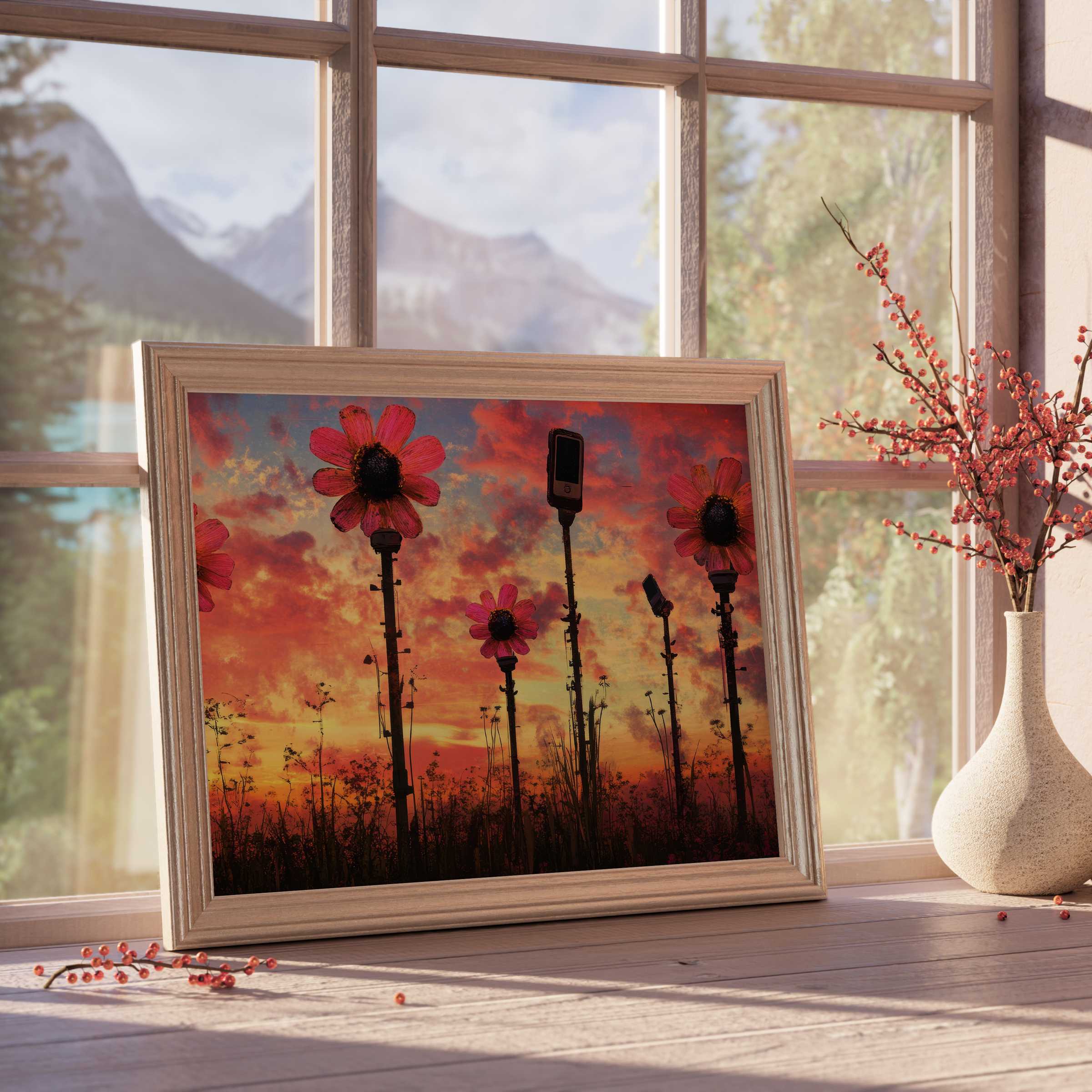 Vibrant street art downloadable art depicting towering sunflowers against a fiery sunset, infusing curated interiors with warm, dynamic energy