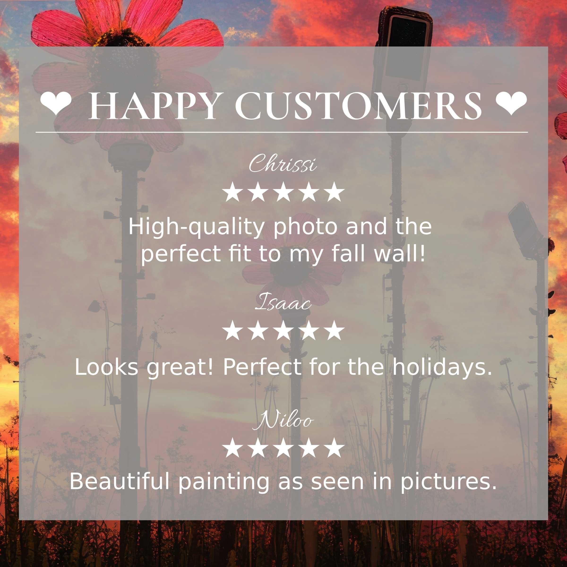 Refined street art for Frame TV with abstract sunset hues, showcasing happy customer reviews and elegant design trust