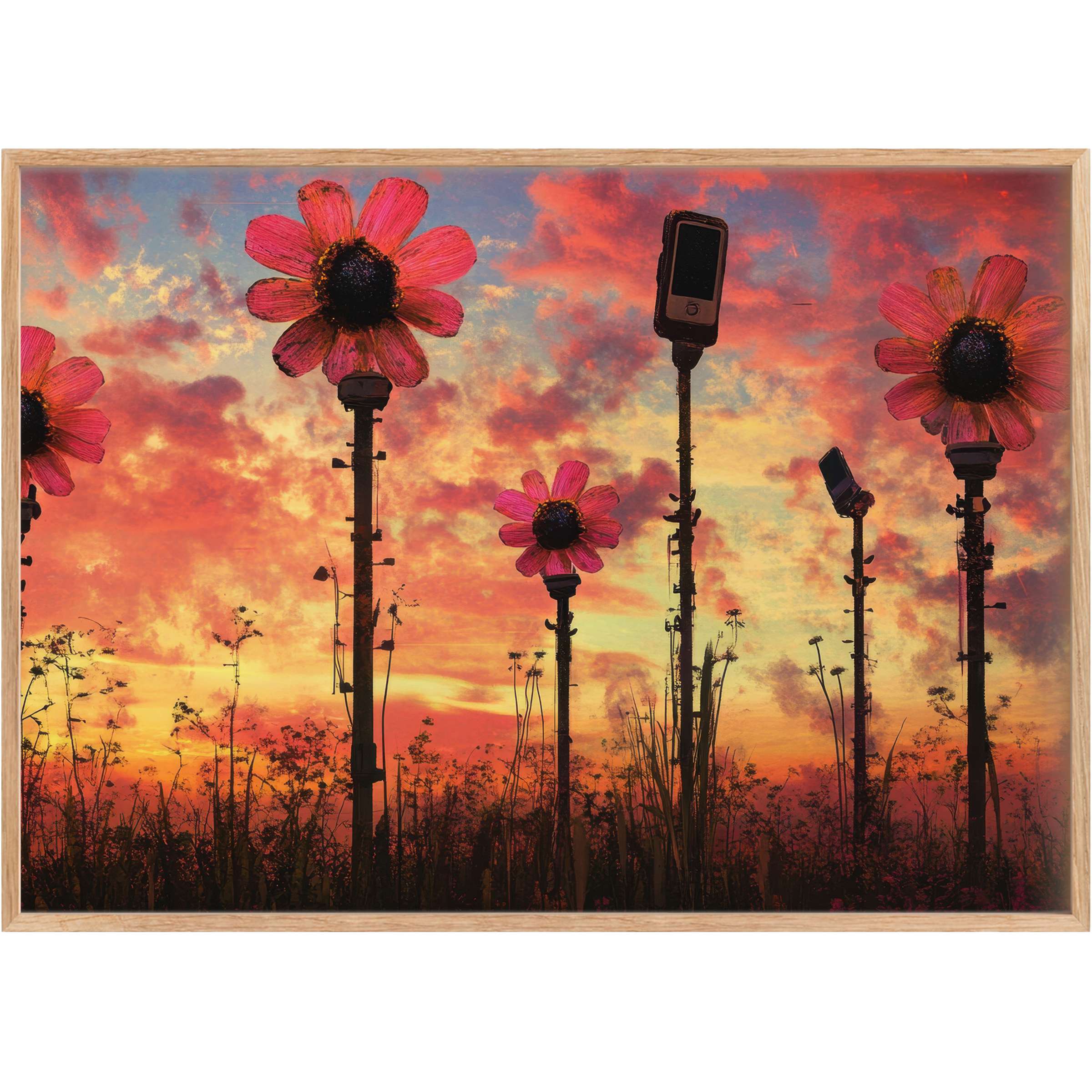 Vibrant street art printable wall art blending bold pink blooms with sunset hues, infusing interiors with radiant, urban serenity