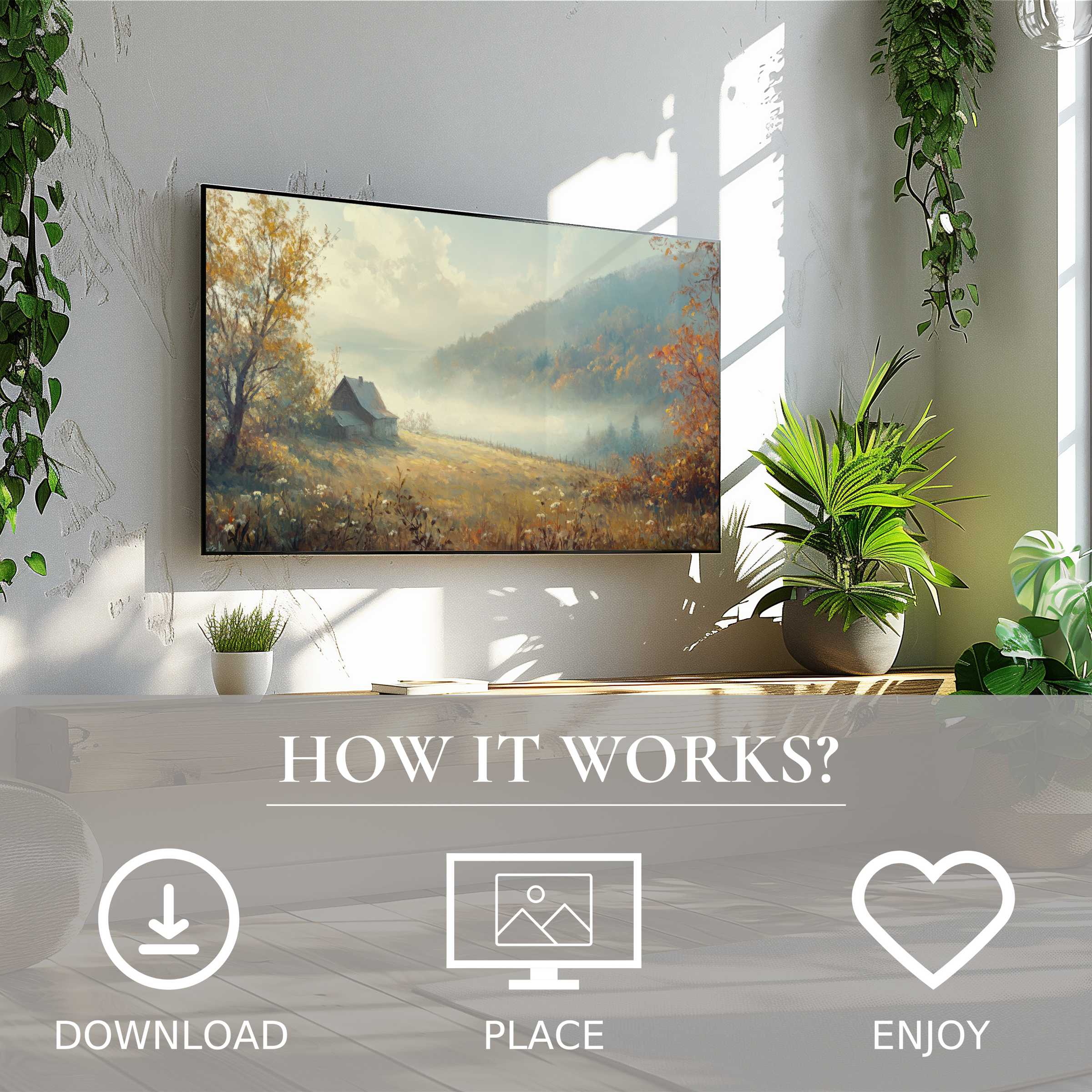 Fall art for Samsung TV showing warm autumn landscape with soft golden light, easy digital download to enrich decor