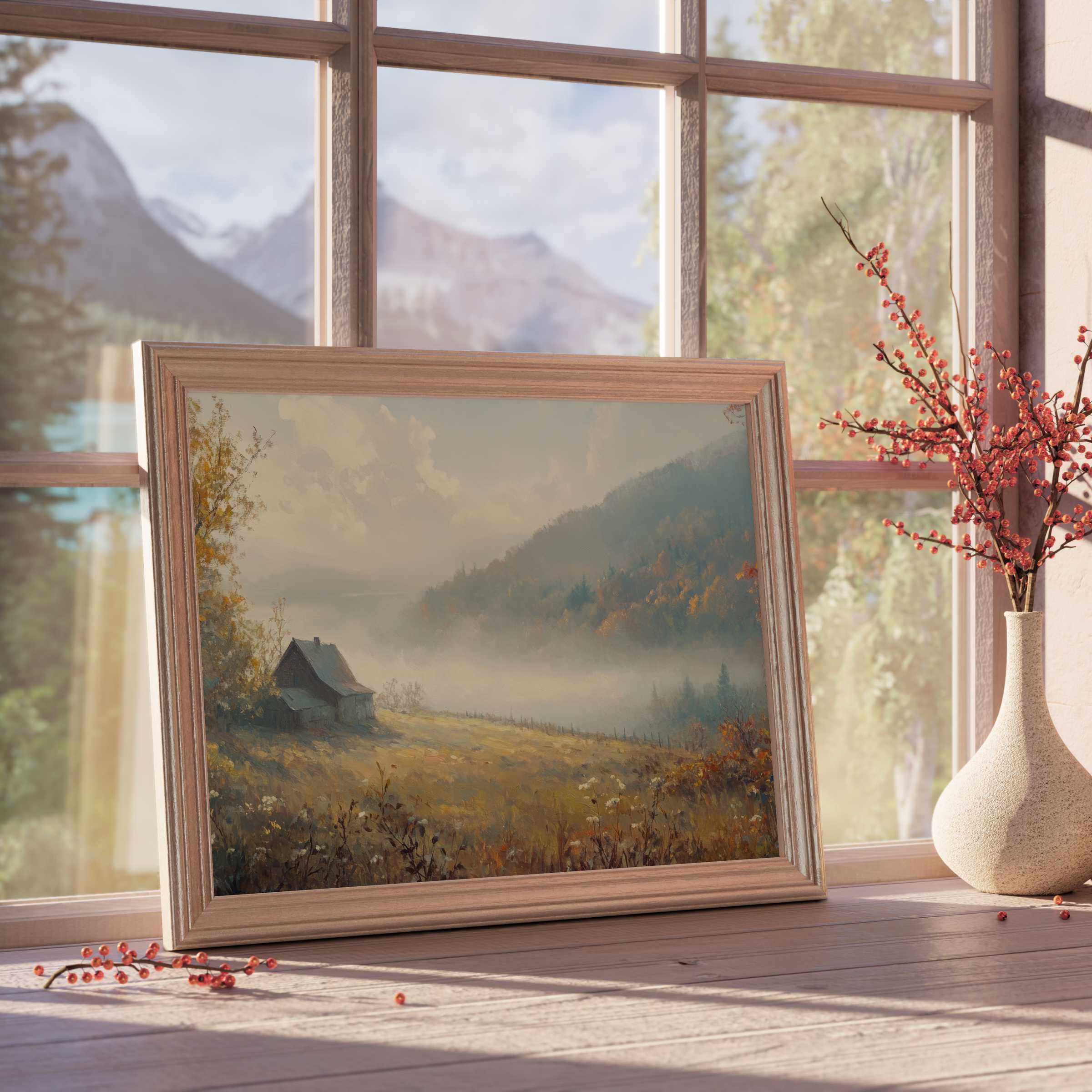 Serene fall downloadable art capturing mist-kissed autumn meadows, perfect for curated, tranquil interiors with warm, earthy tones