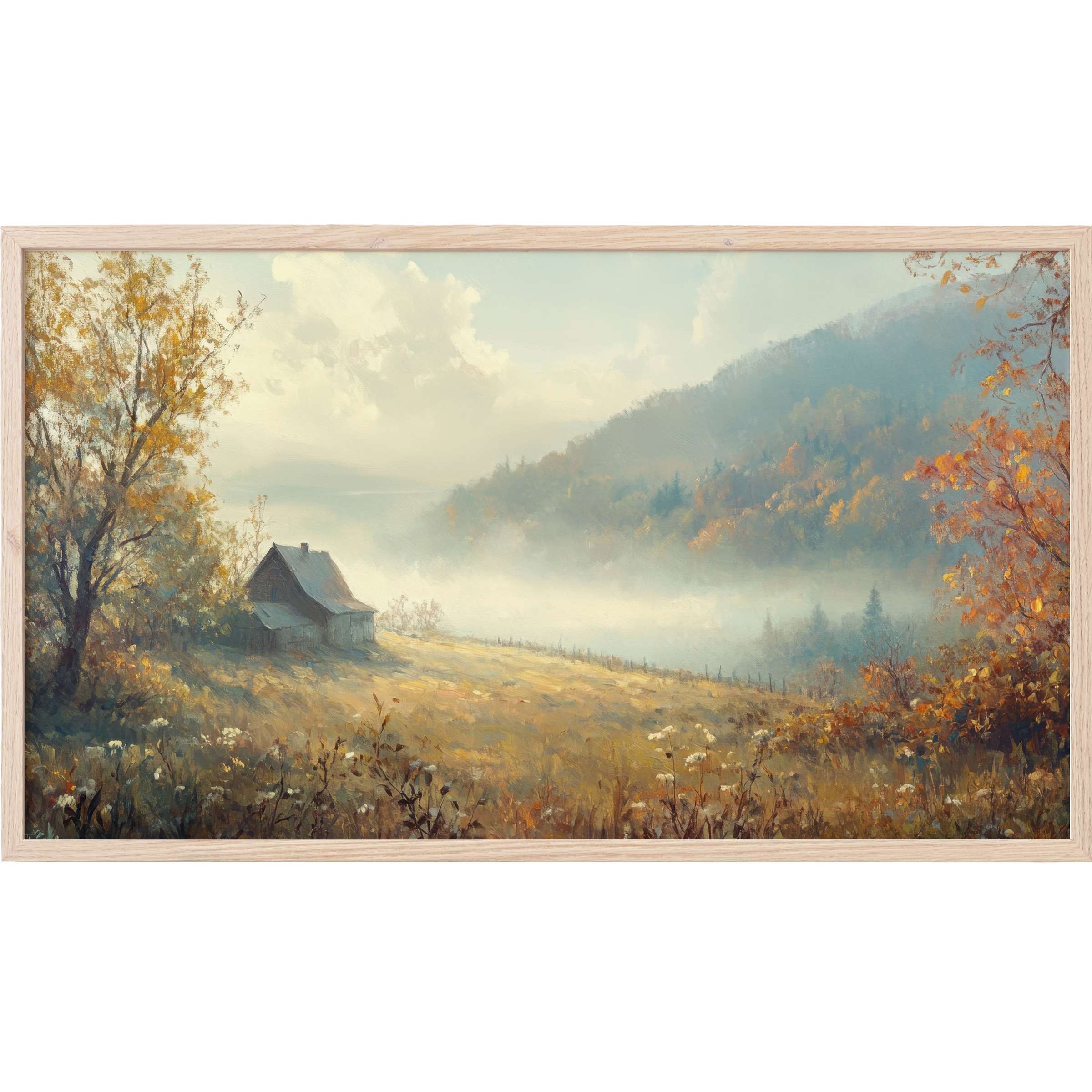 Fall Frame TV Art depicts a serene, misty autumn landscape with warm ochres and soft blues in a modern, elegant style