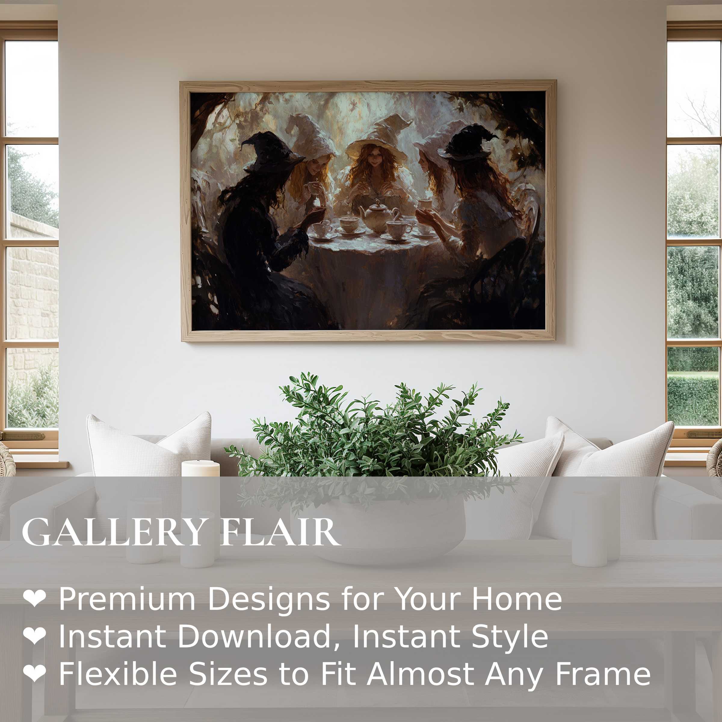 Mystical halloween wall art print featuring witches sharing tea in a moody, enchanting scene that elevates modern farmhouse style