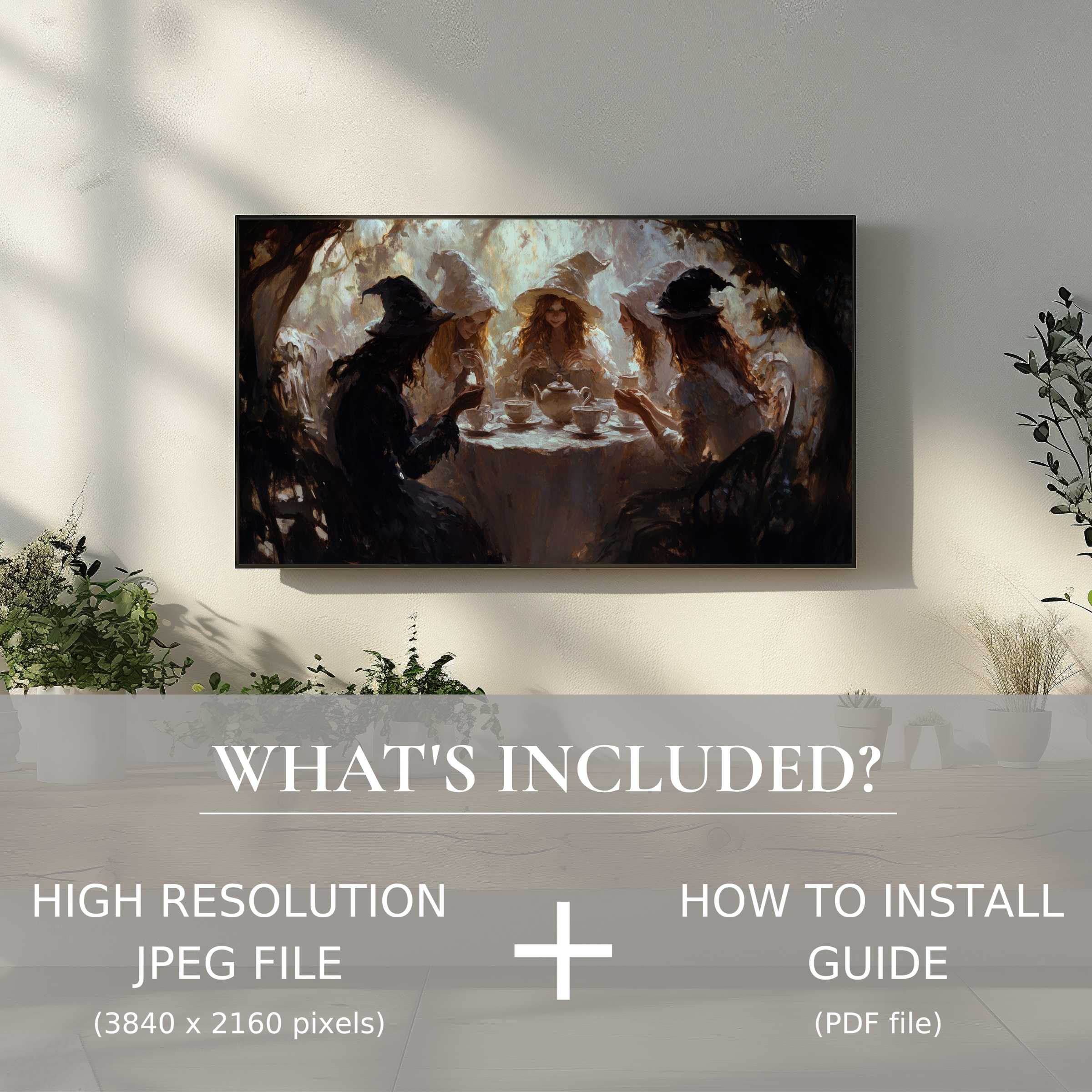 Elegant Halloween digital TV art download showcasing witches' tea party, easy to install, enhances modern living spaces