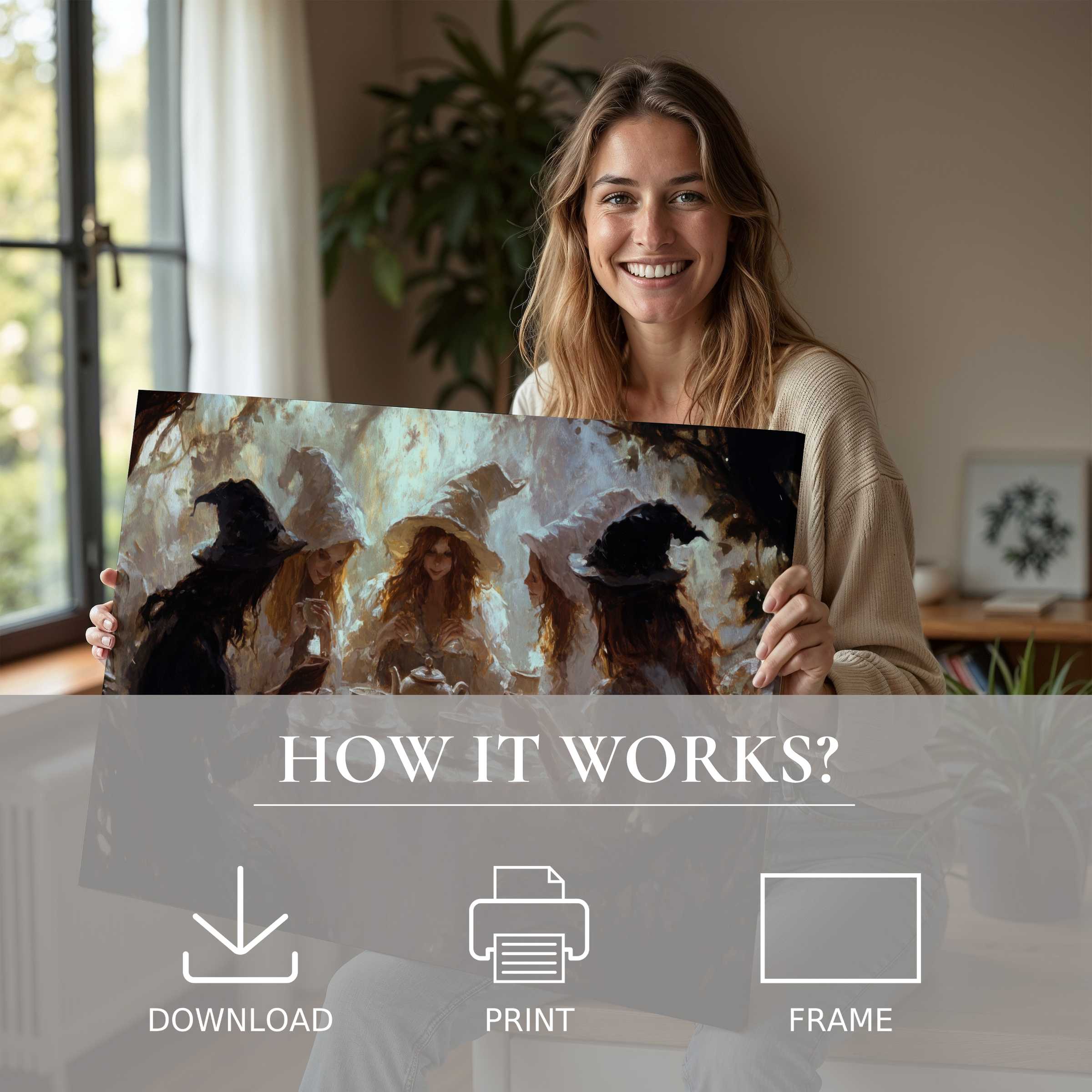 Elegant Halloween digital art print embraced in a serene modern home, evoking warmth and timeless joy in artful living