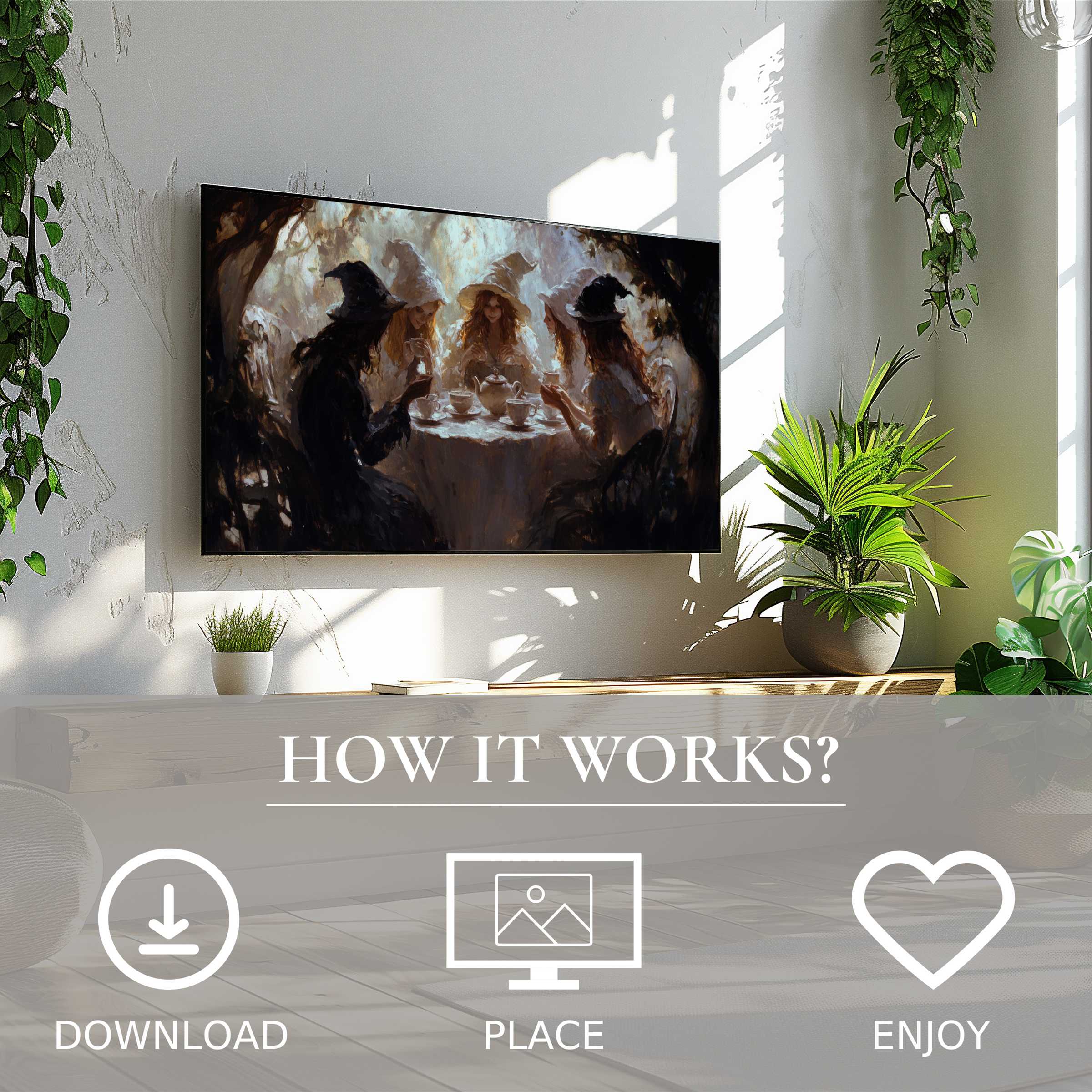 Modern living room with easy digital download; halloween art for Samsung TV shows mystical witches in warm shadow tones
