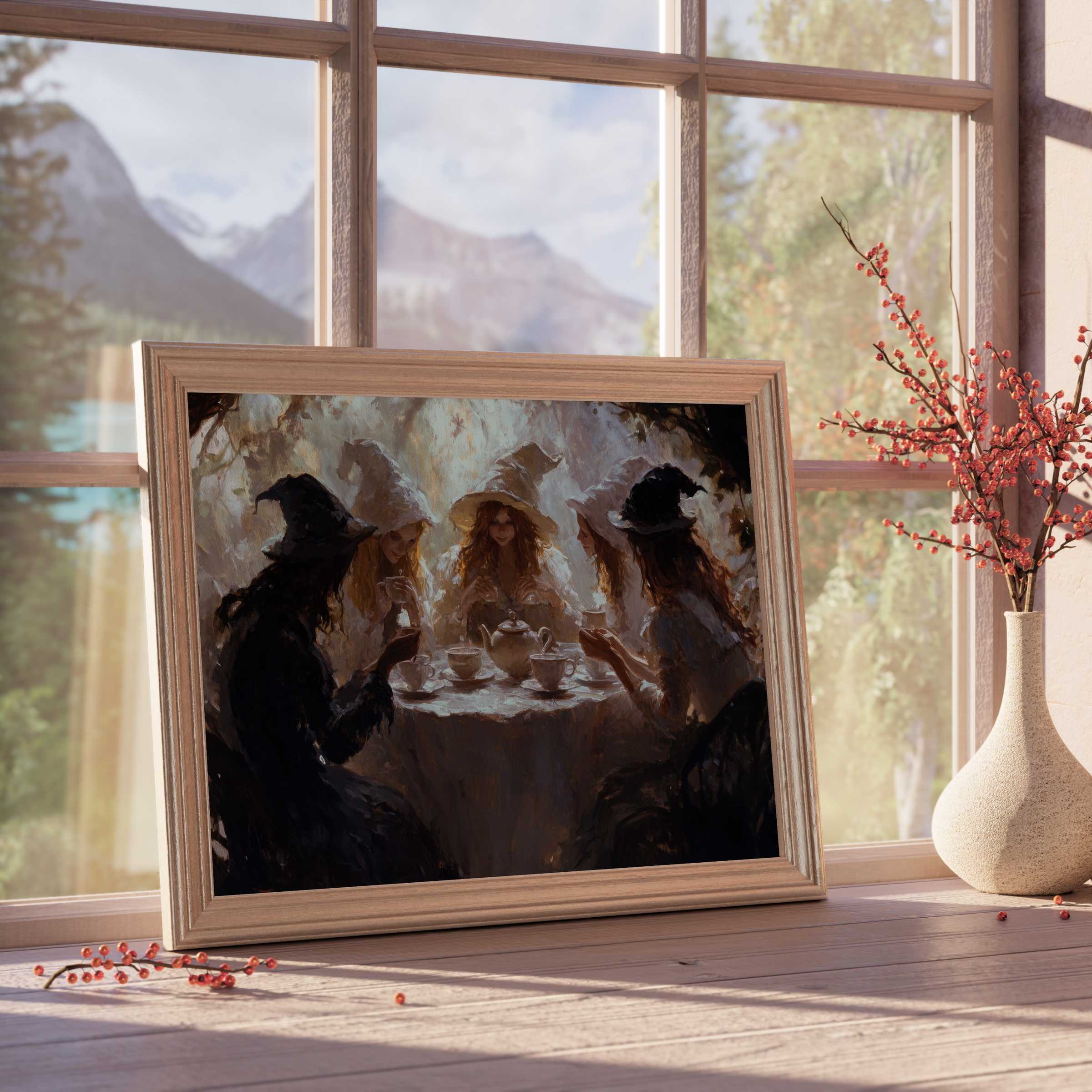 Halloween downloadable art with enchanting witches sharing a serene tea moment, enhancing curated, tranquil, design-forward interiors