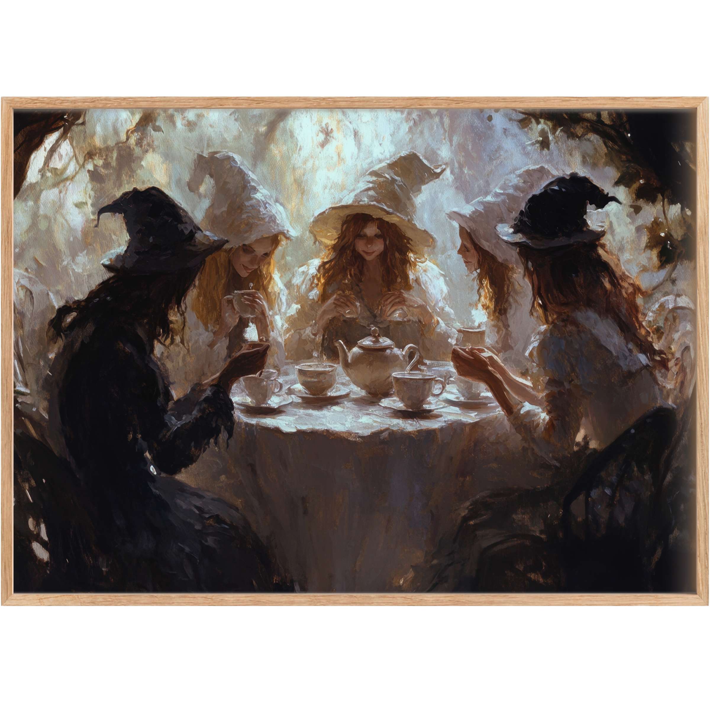 Enchanting Halloween printable wall art capturing a mystical tea gathering, with warm amber and shadowed grays creating a serene, spellbinding ambiance