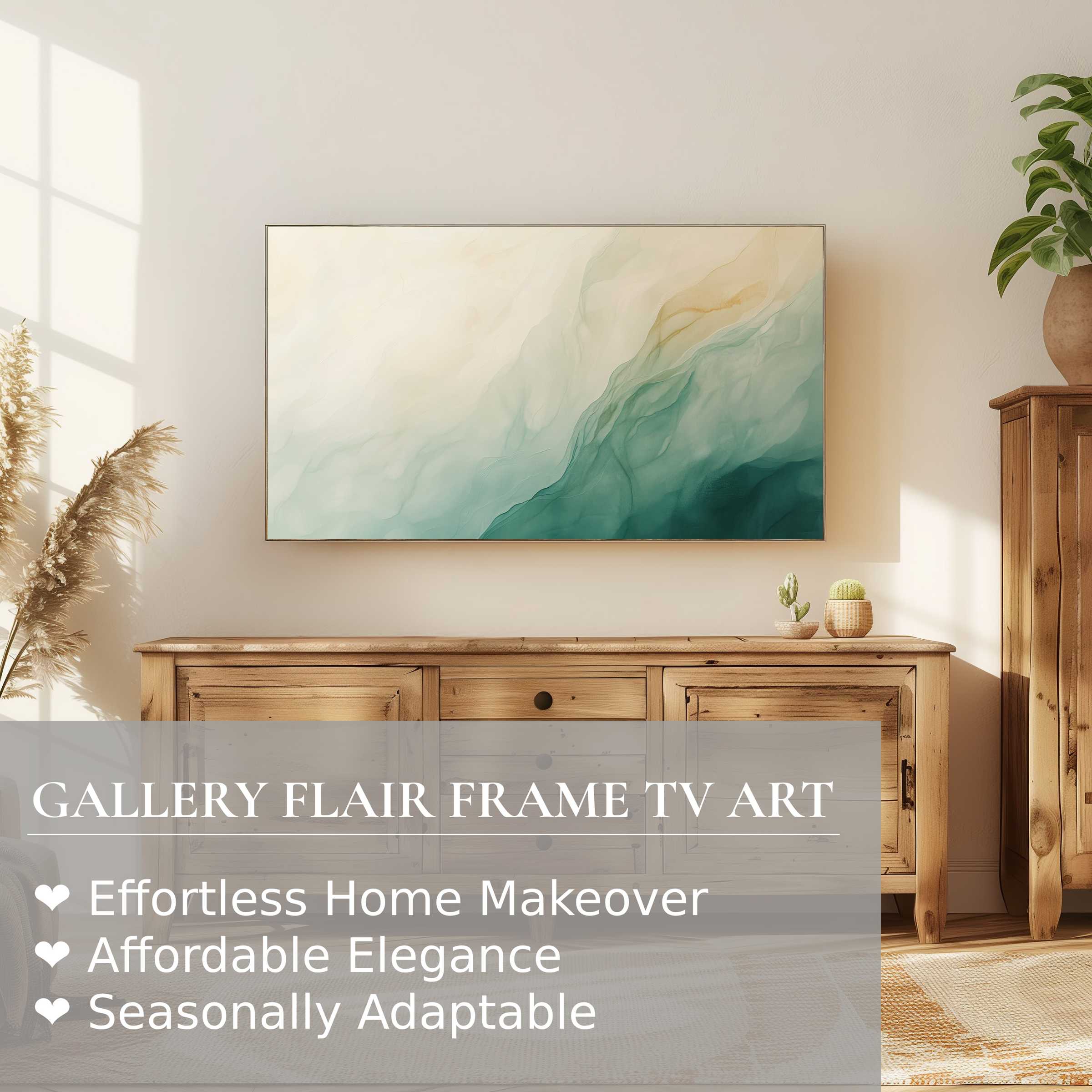 Samsung Frame TV showcasing abstract digital artwork in soft, flowing hues, perfect for refined modern home decor