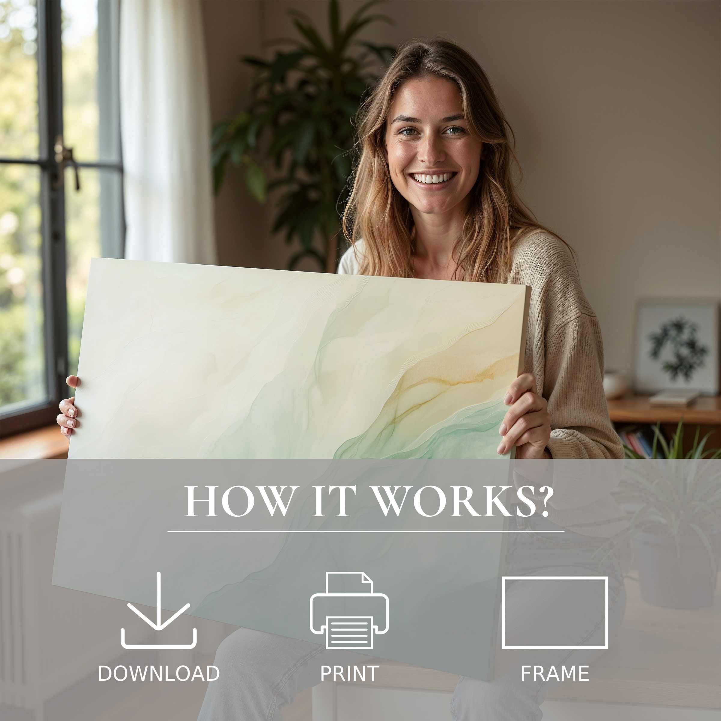 Radiant joy illuminates a modern home as soft-hued abstract digital art print inspires effortless elegance and heartfelt connection