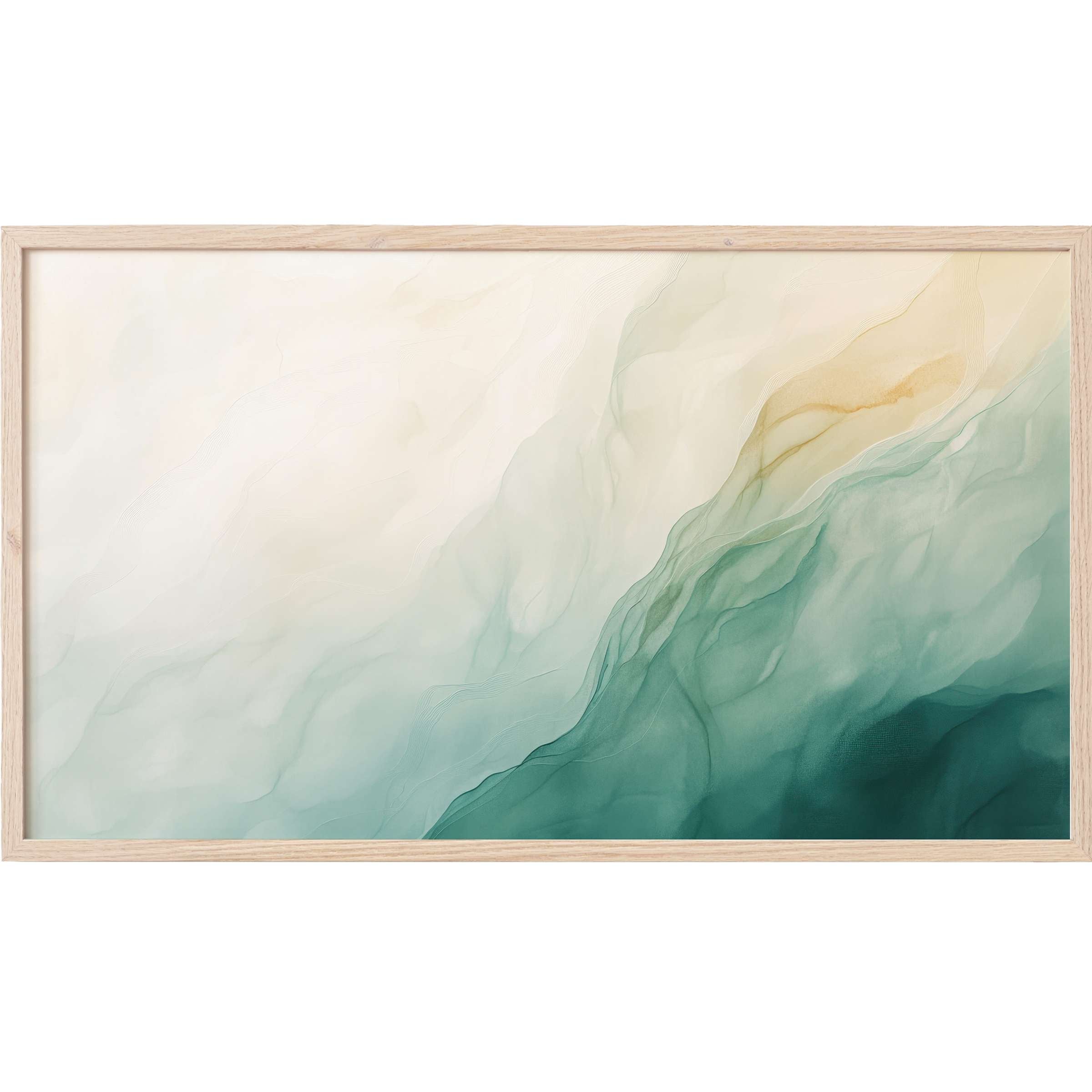 Soft flowing gradients in cream, teal, and gold hues create serene, abstract Frame TV Art with a modern elegance