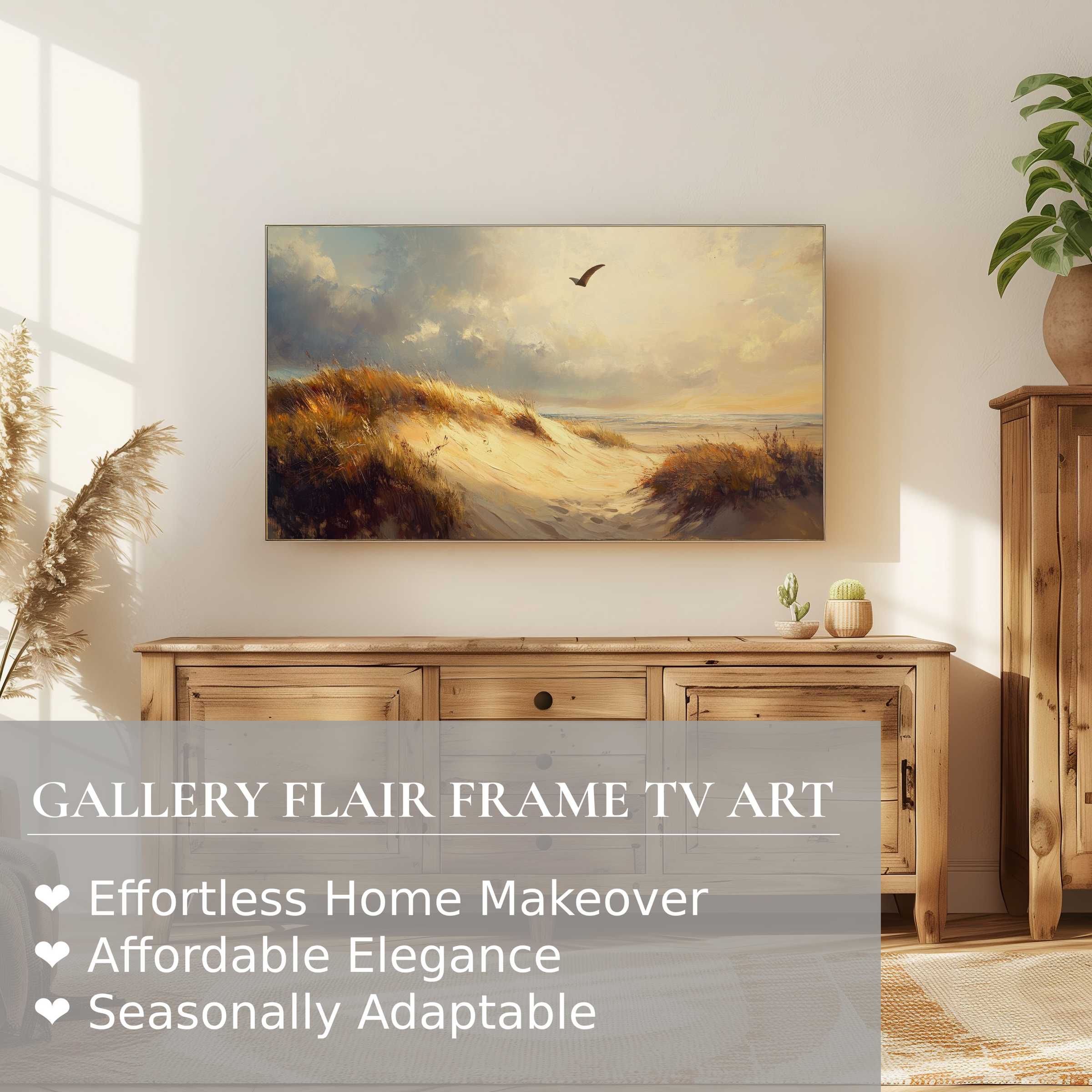 Elegant beach digital artwork with warm dunes displayed on a Samsung Frame TV, perfect for refined home decor