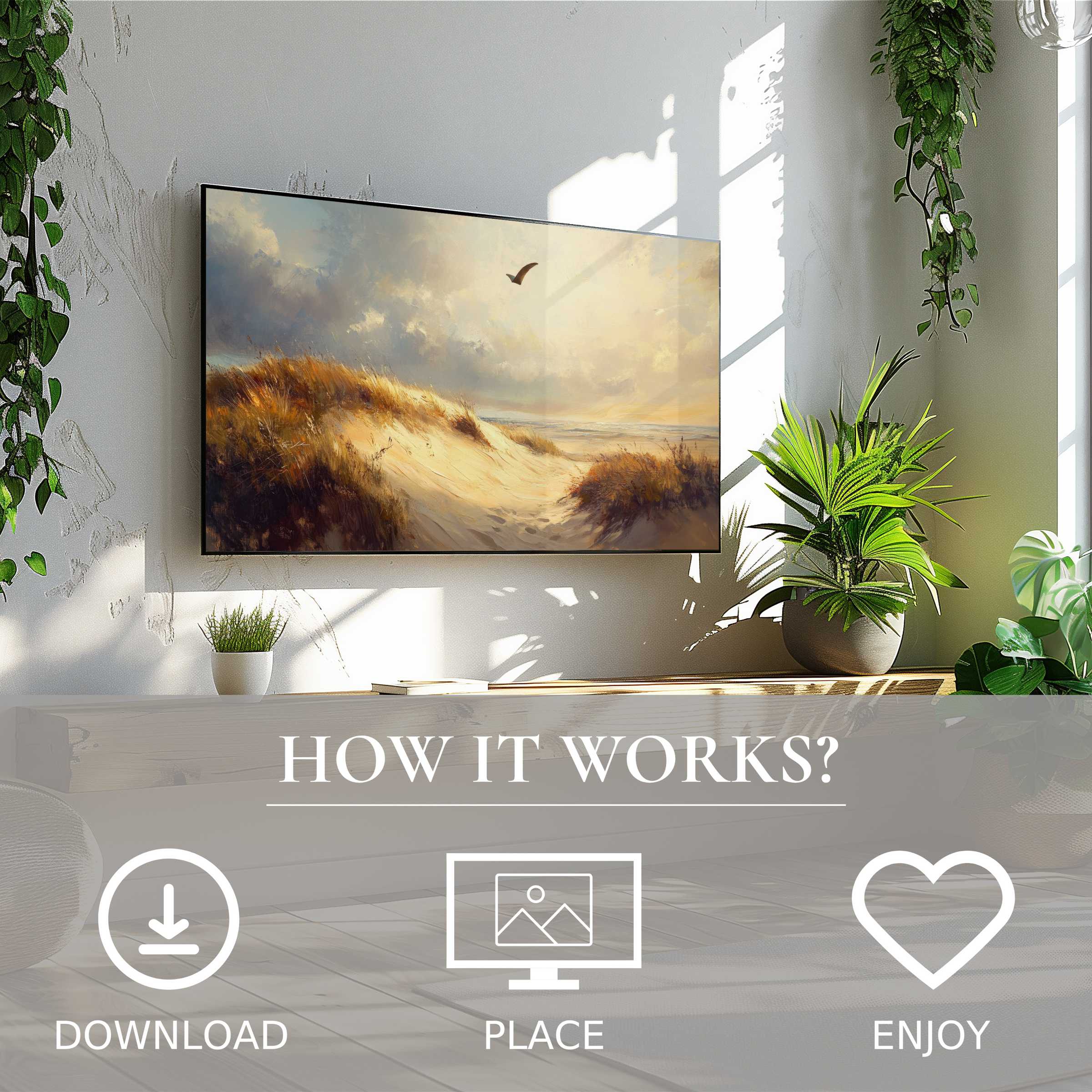 Beach art for Samsung TV with warm dune tones in a bright room; easy digital download enriches your modern space