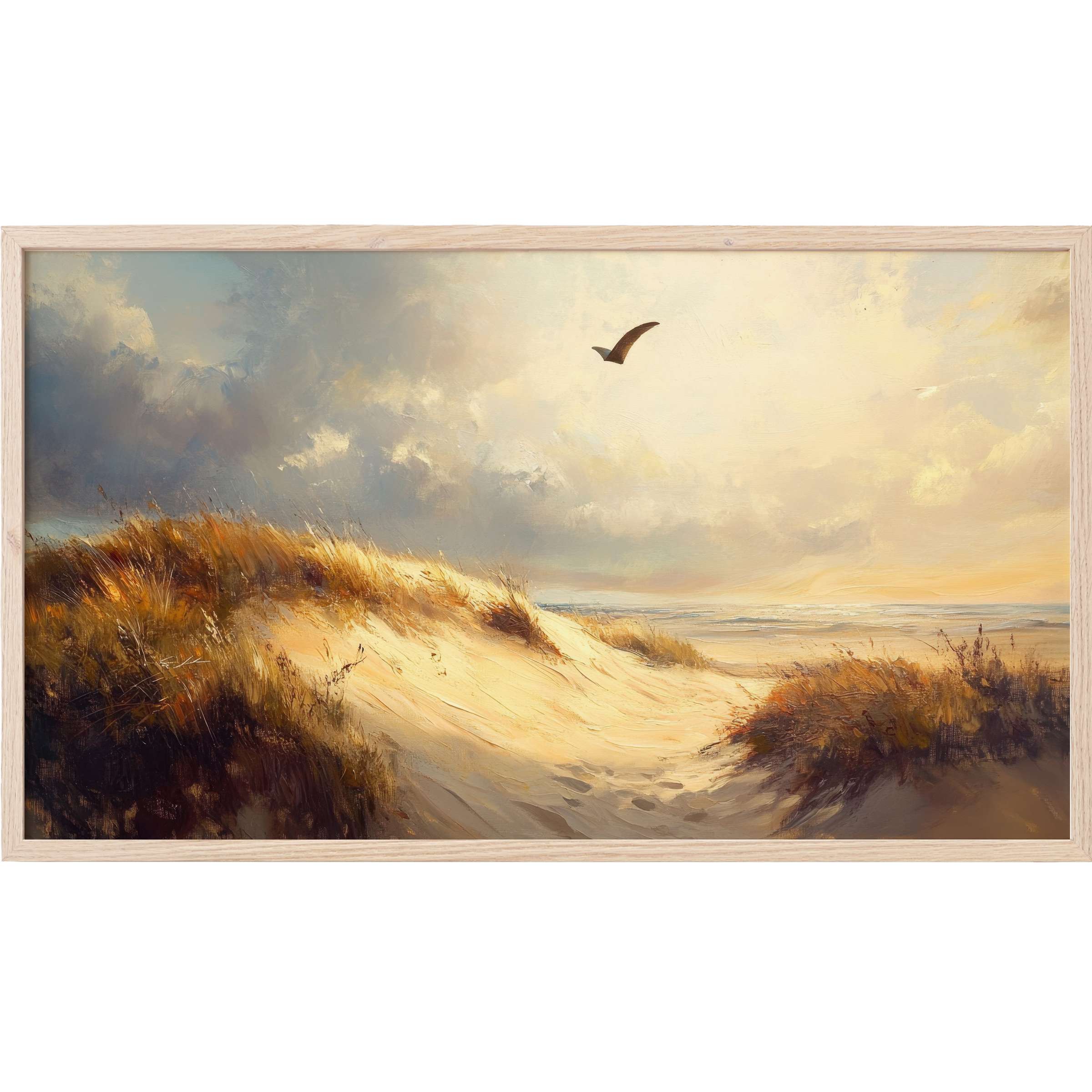Elegant beach dunes bathed in warm golden light under a moody sky, perfect beach Frame TV Art