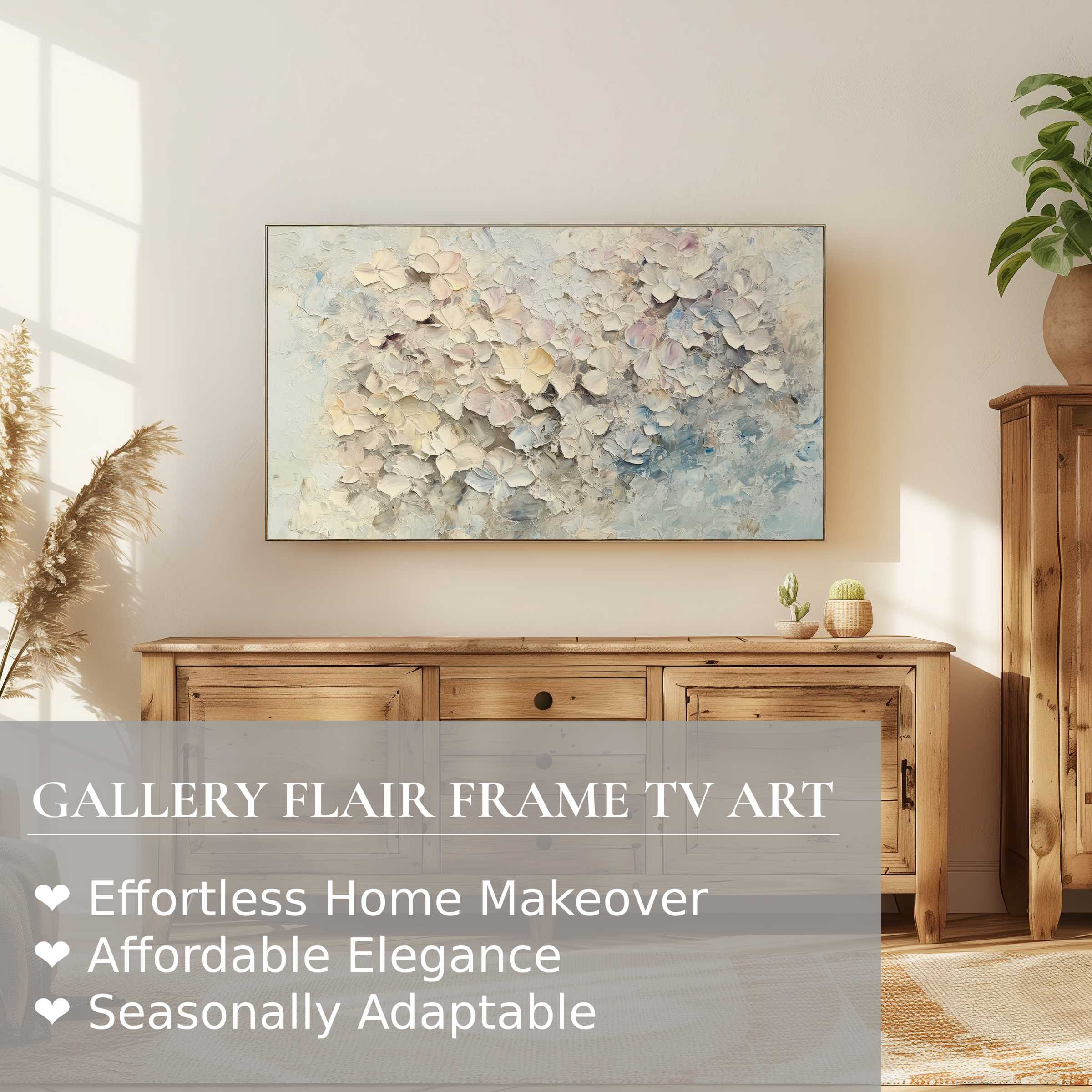 Samsung Frame TV displaying botanical digital artwork in soft pastels, enhancing modern natural home decor