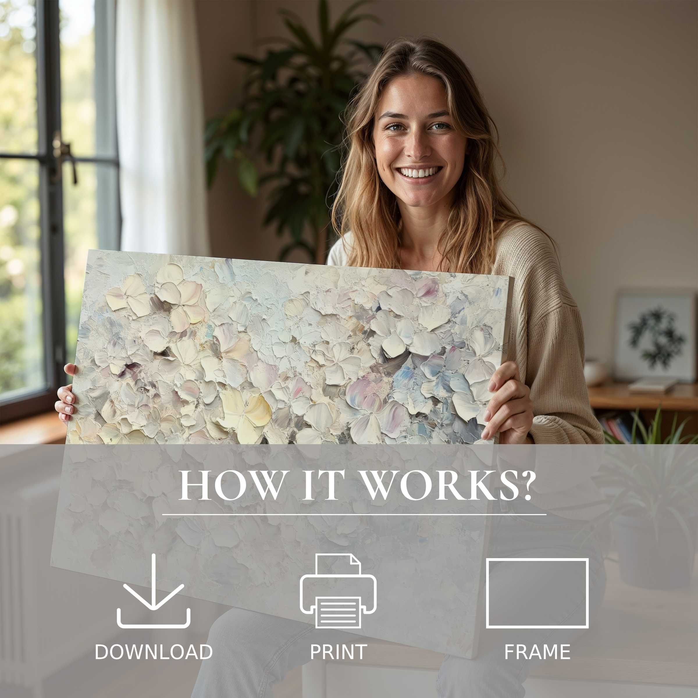 A Botanical digital art print enriching a serene, modern home, evoking joy through effortless living with art