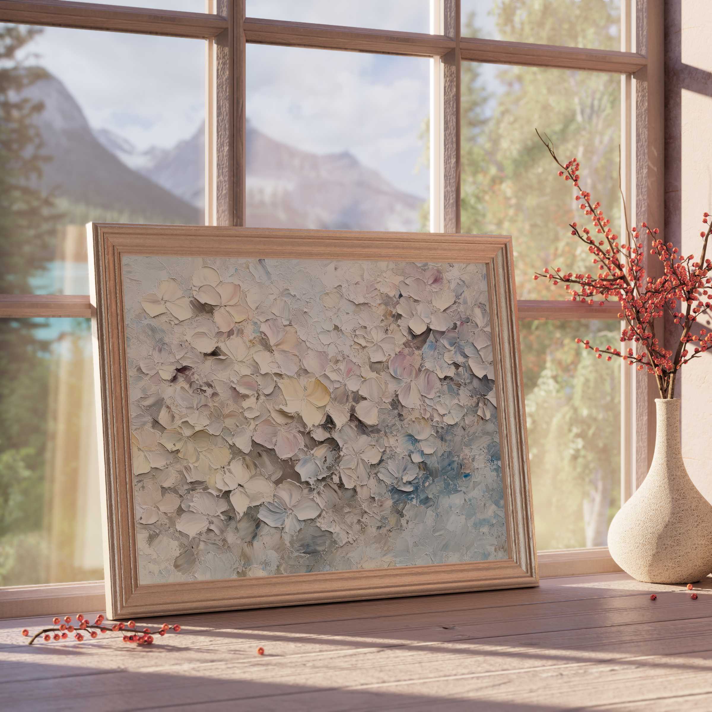 Botanical downloadable art with soft floral textures and muted pastels, enhancing serene, curated luxury interiors