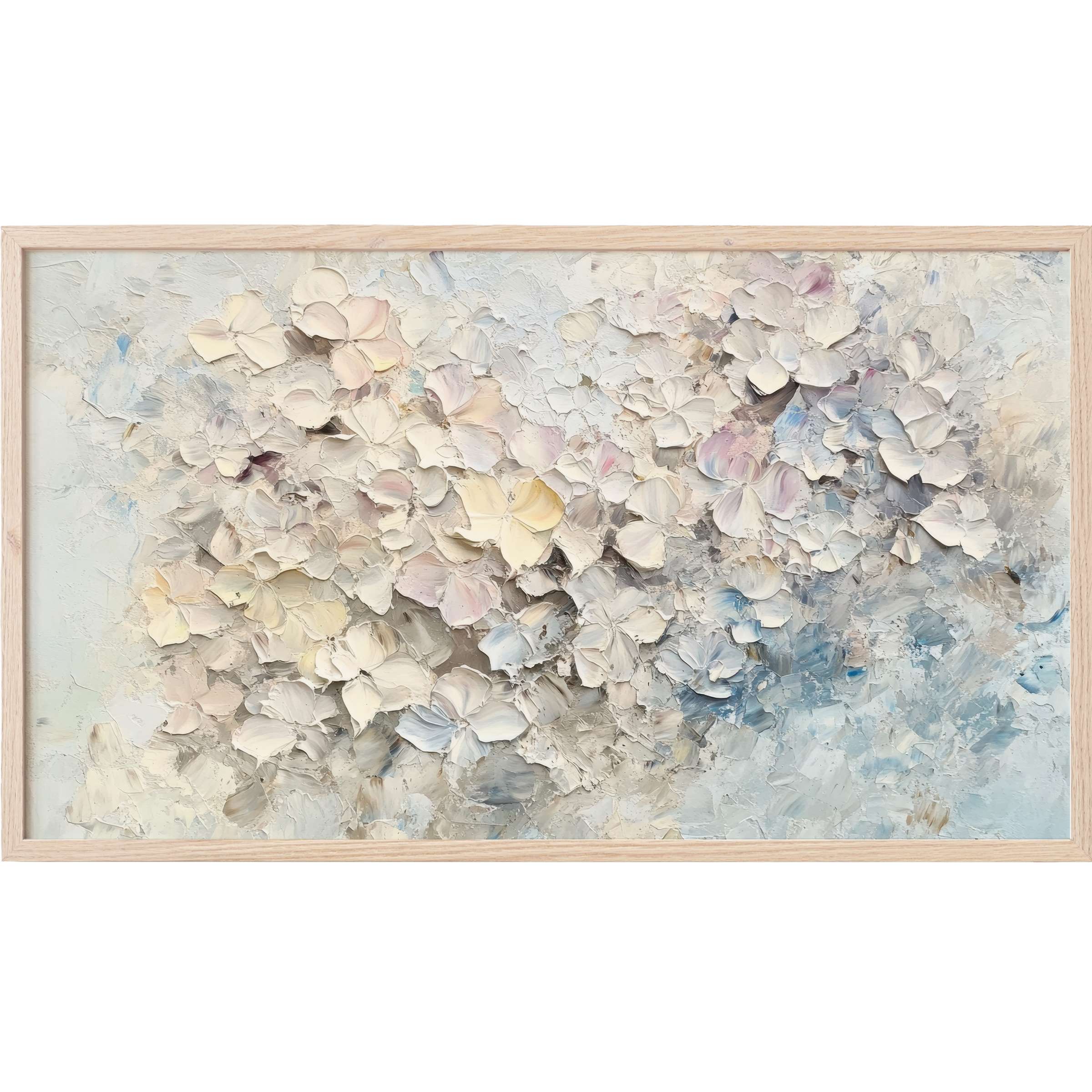 Soft pastel floral texture in cream, blush, and blue hues, framed for elegant botanical Frame TV Art