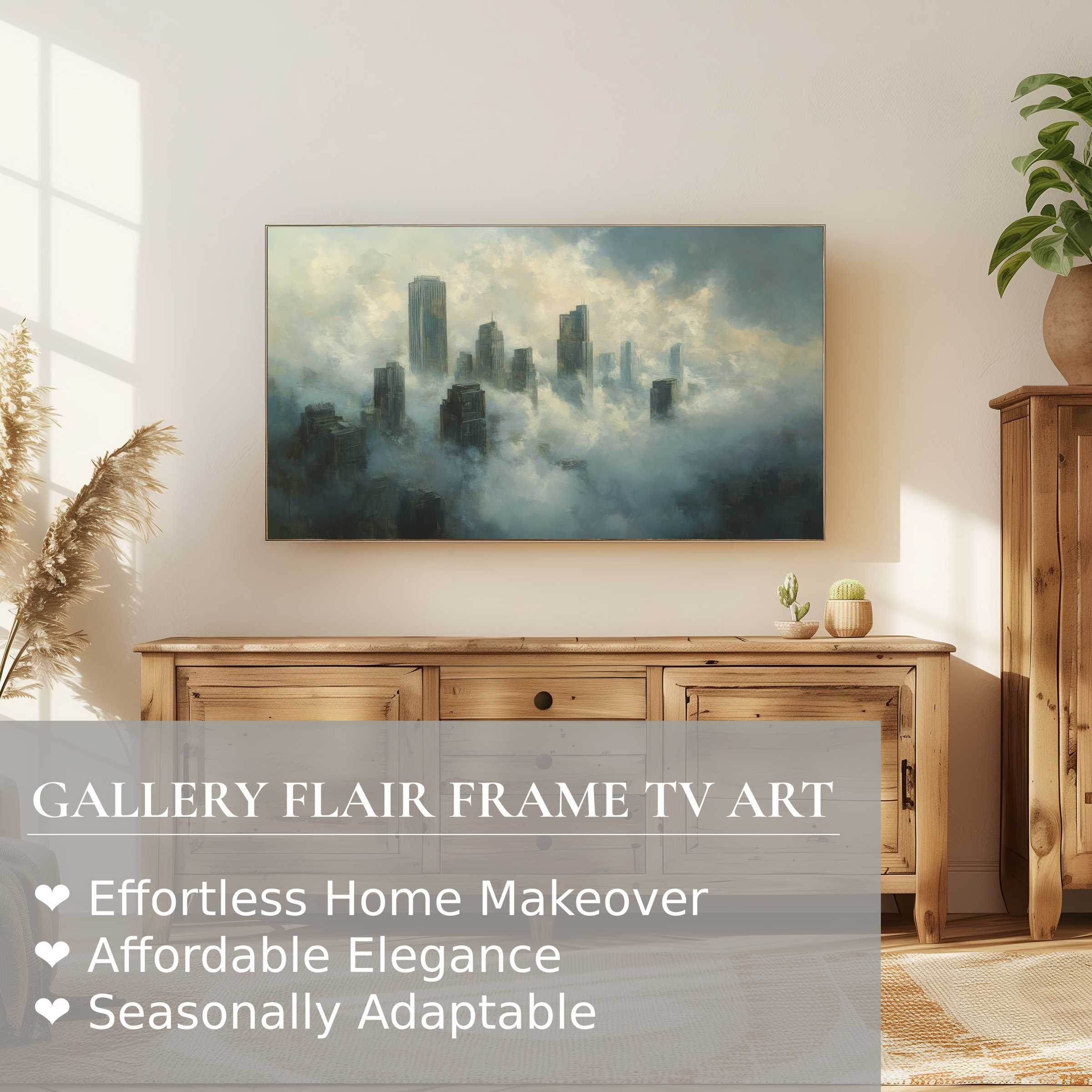 Samsung Frame TV displays serene urban digital artwork of misty skyscrapers in a stylish, modern living space